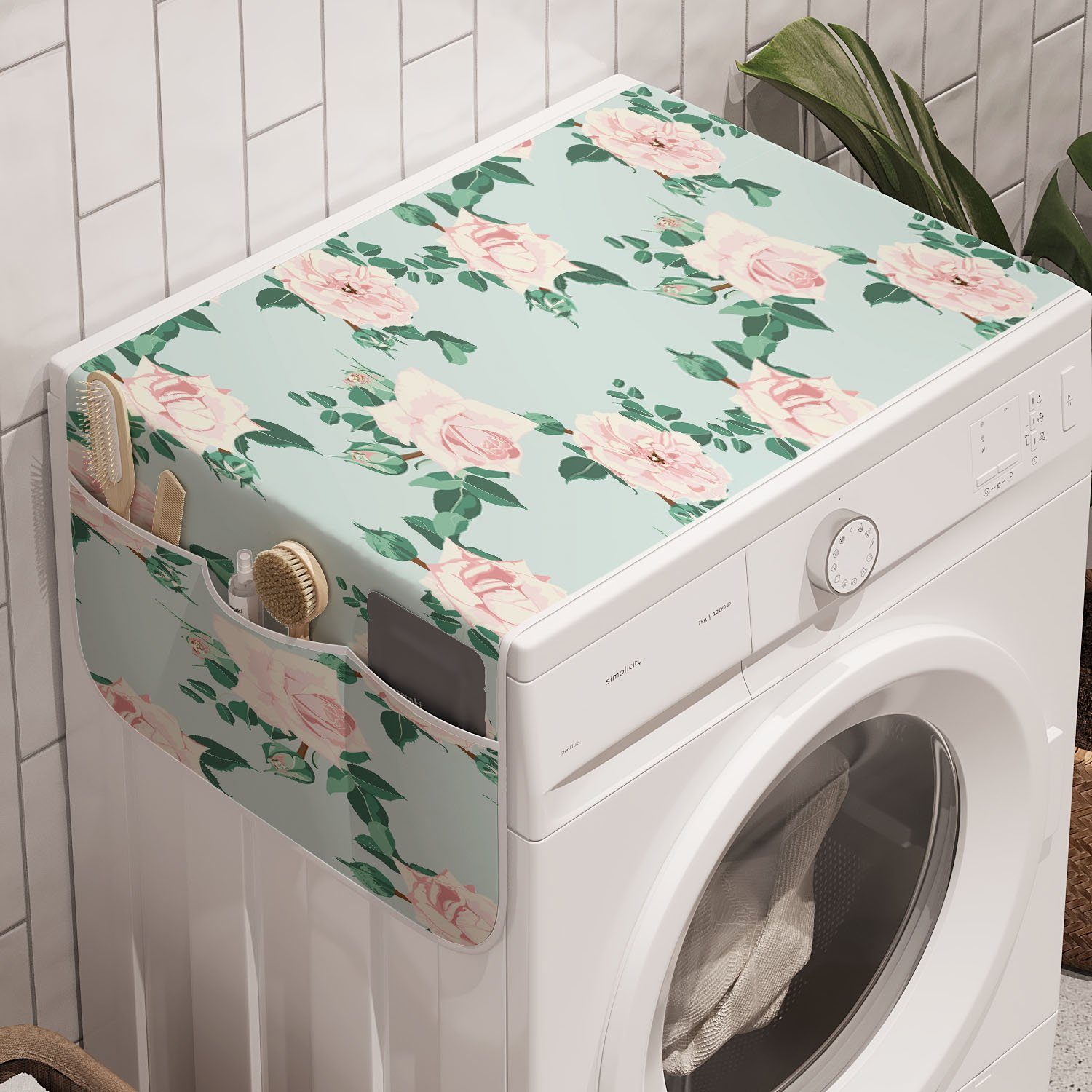 Abakuhaus Badorganizer Anti-Rutsch-Stoffabdeckung für Waschmaschine und Trockner, Blumen Weiche Pastelltöne Blumen