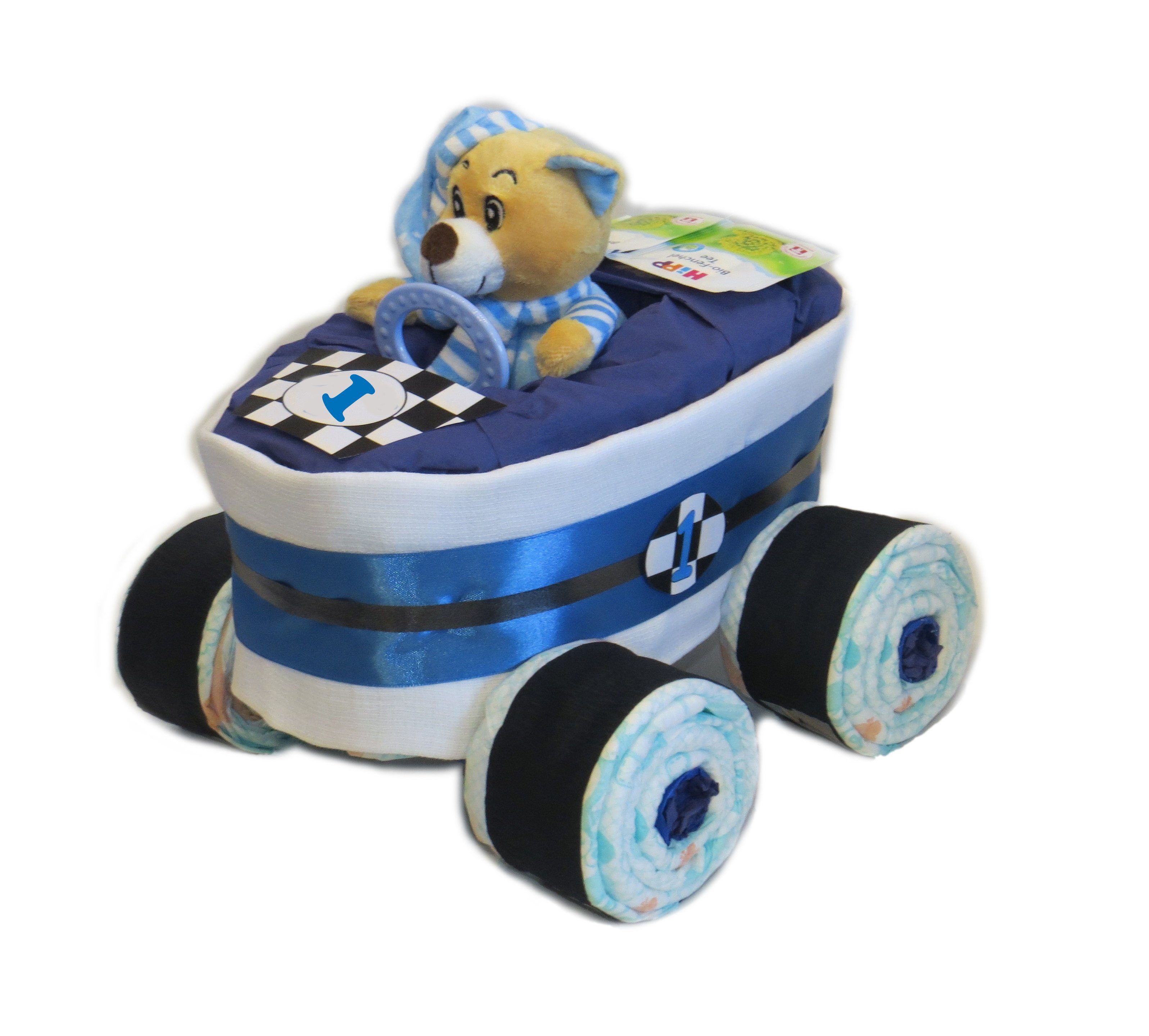 Geschenketorten-Gebhardt Windeln Windelrennwagen Windelrennauto Rallye in blau Windelauto, Windelgeschenk fertig verpackt zum Verschenken
