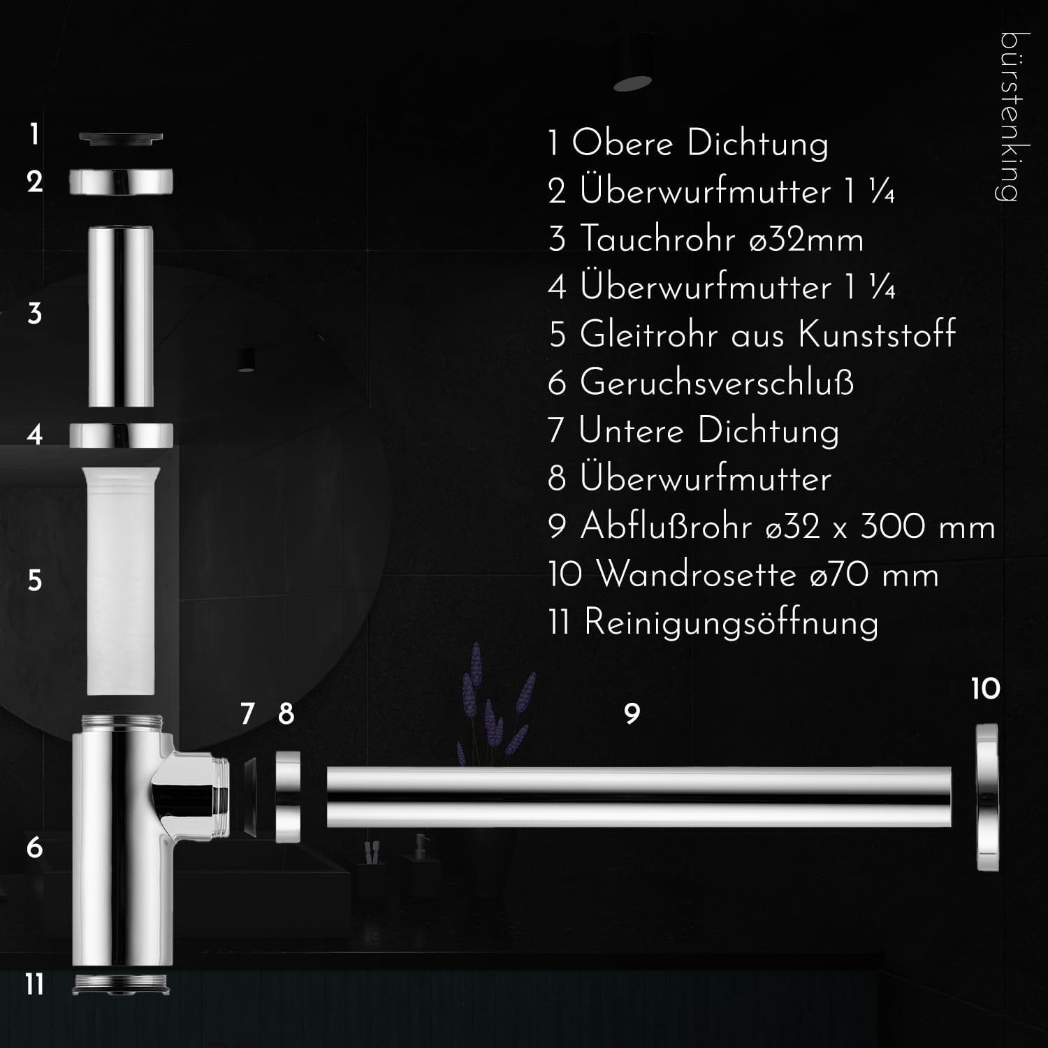 Bürstenking Siphon Universal Design Siphon Chrom – 1 1/4" für Waschbecken & Waschtisch, (DN32)