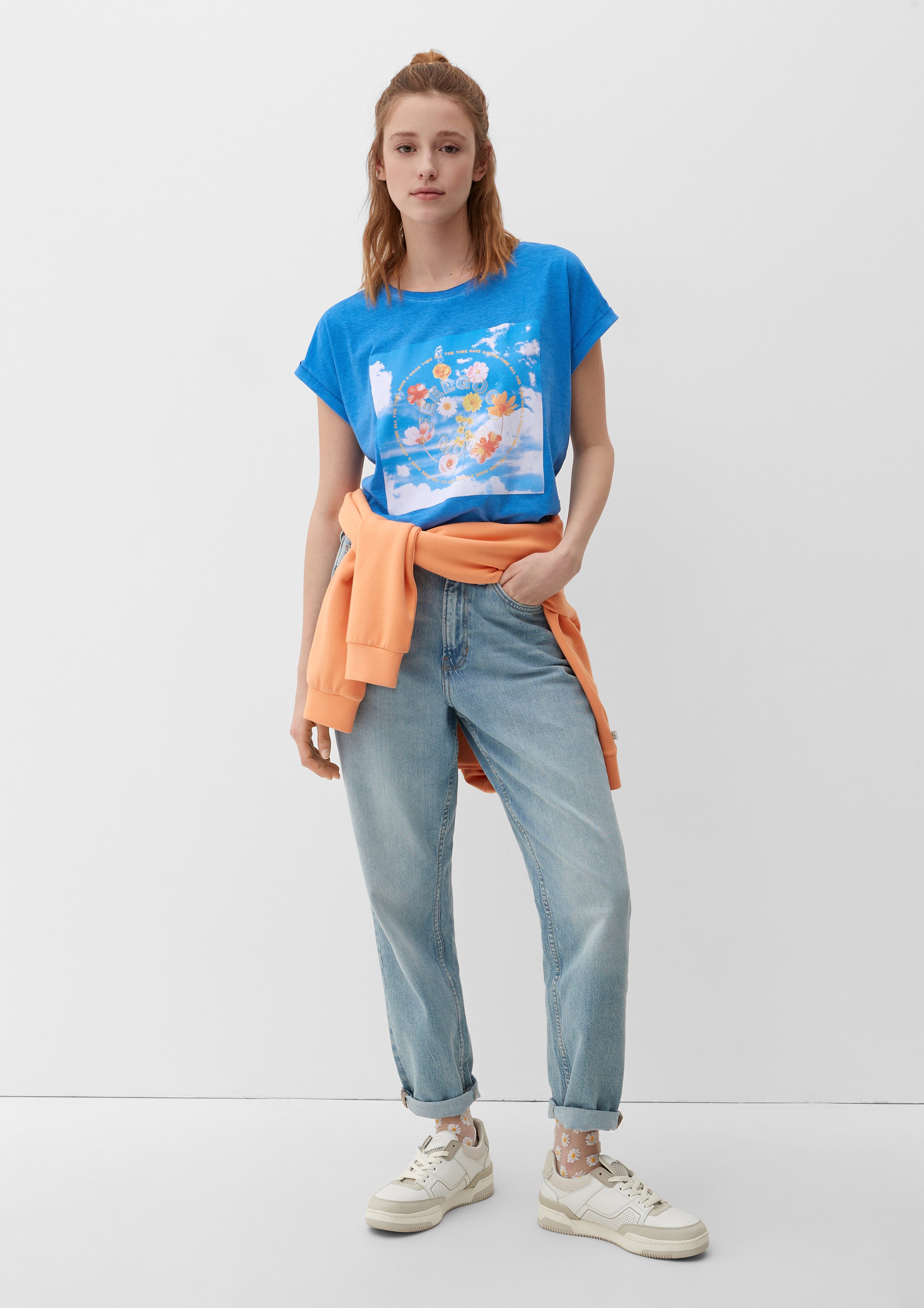 Kurzarmshirt Frontprint Dye mit T-Shirt QS Garment royalblau