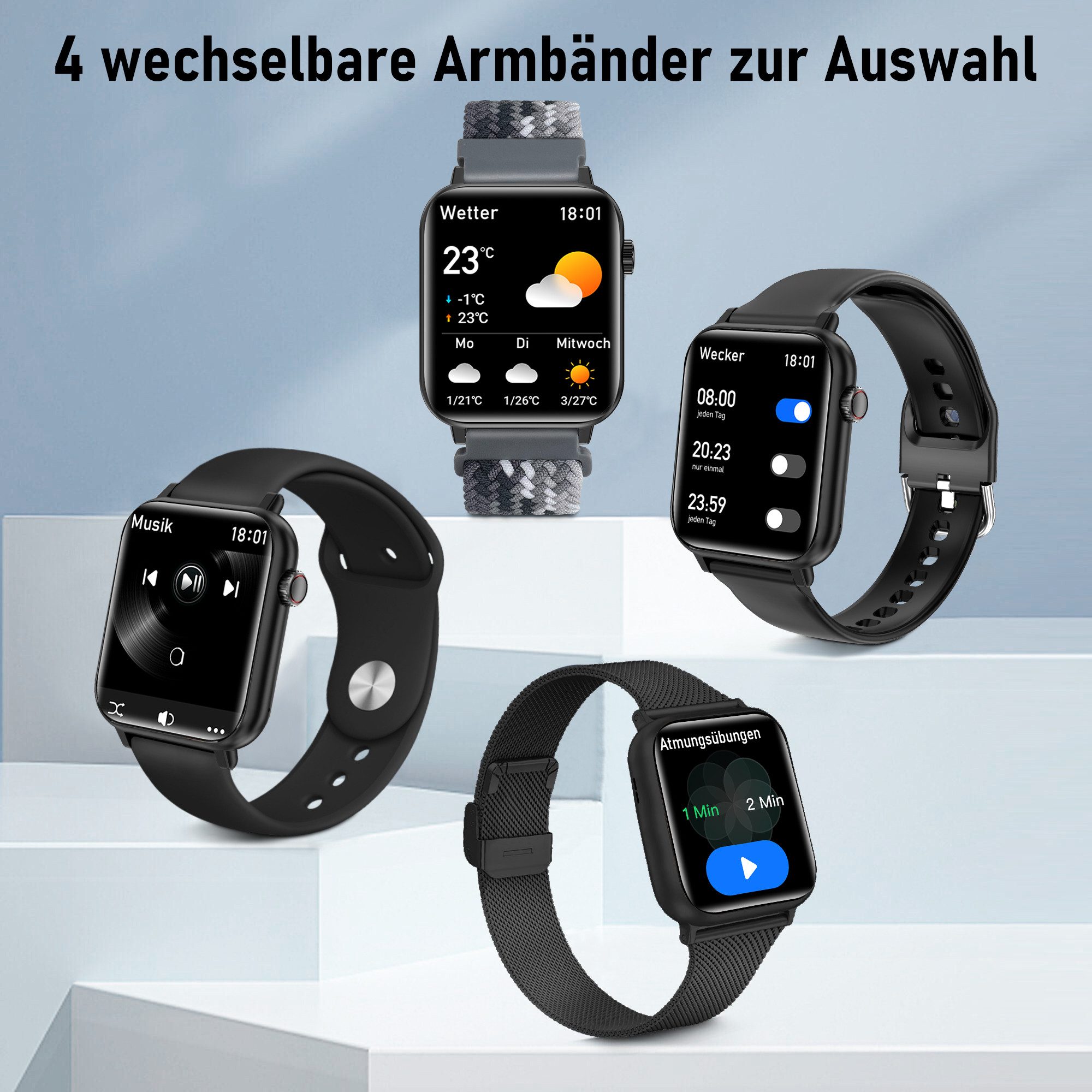 BRAIDOL Smartwatch,Fitness Tracker uhr für Damen Herren mit Telefonfunktion Smartwatch (5 cm/1,96" extra großem HD-Touchscreen Zoll) 4 Austauschbare Armbänder,Frauengesundheit,Fitness Tracker mit Schrittzähler, Always-on-Screen-Funktion, IP67 Wasserdicht Fitness Uhr, Blutsauerstoffmessung,Sportuhren mit Herzfrequenzmessung