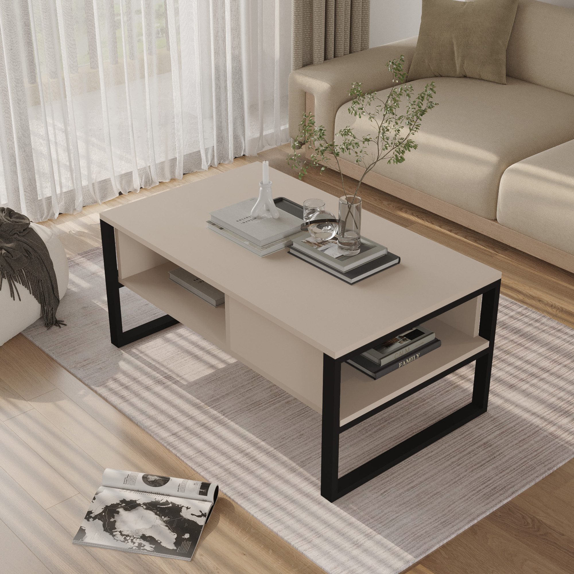 en.casa Couchtisch, »Laukaa« rechteckig Metallgestell 100 x 60 x 45 cm Graubeige
