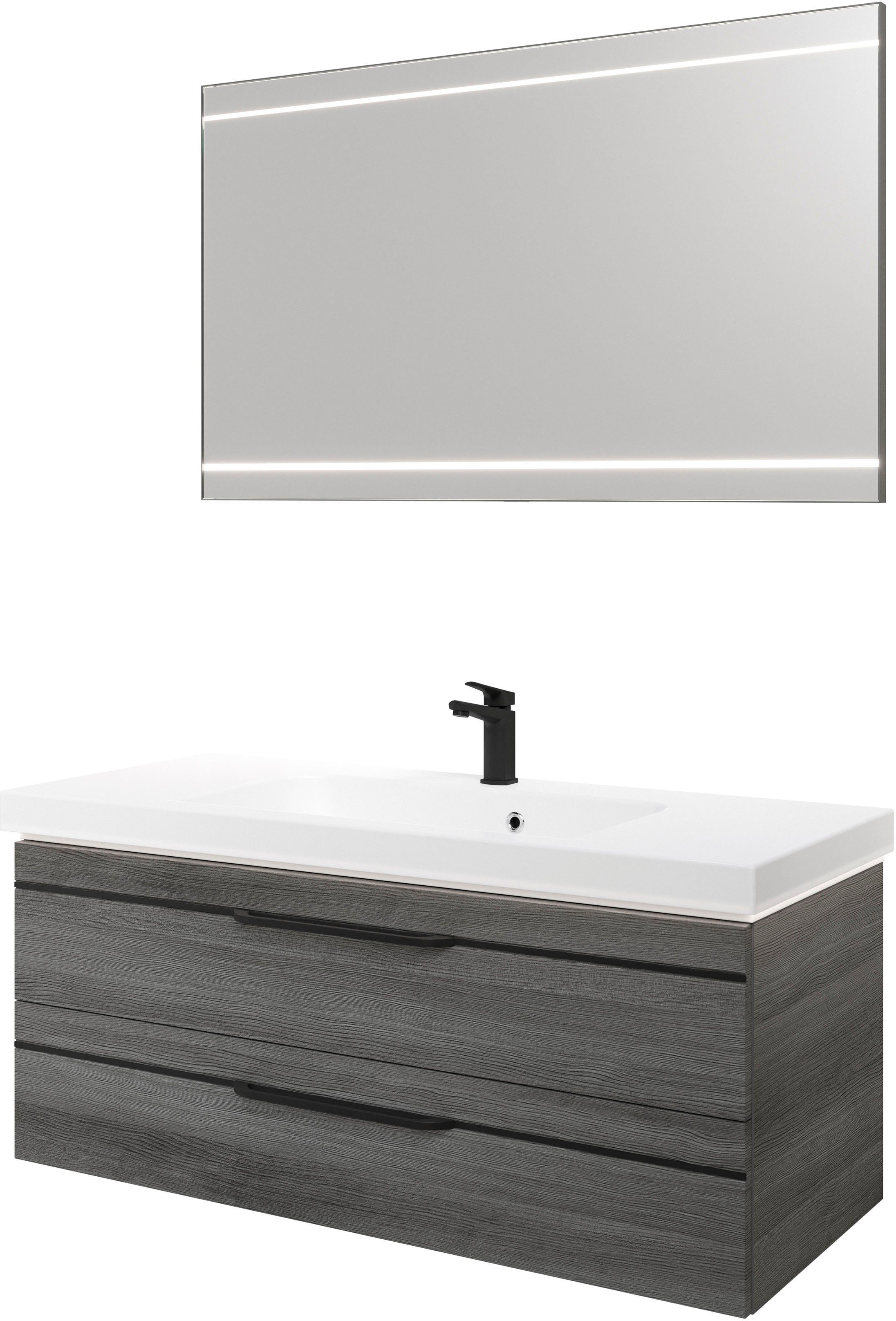Saphir Badmöbel-Set Balto 2-teilig Mineralmarmor-Waschtisch mit LED-Spiegel, 123 cm breit, (2-St), Waschplatz mit 2 Schubladen, Badschrank inkl. Schubladendämpfer