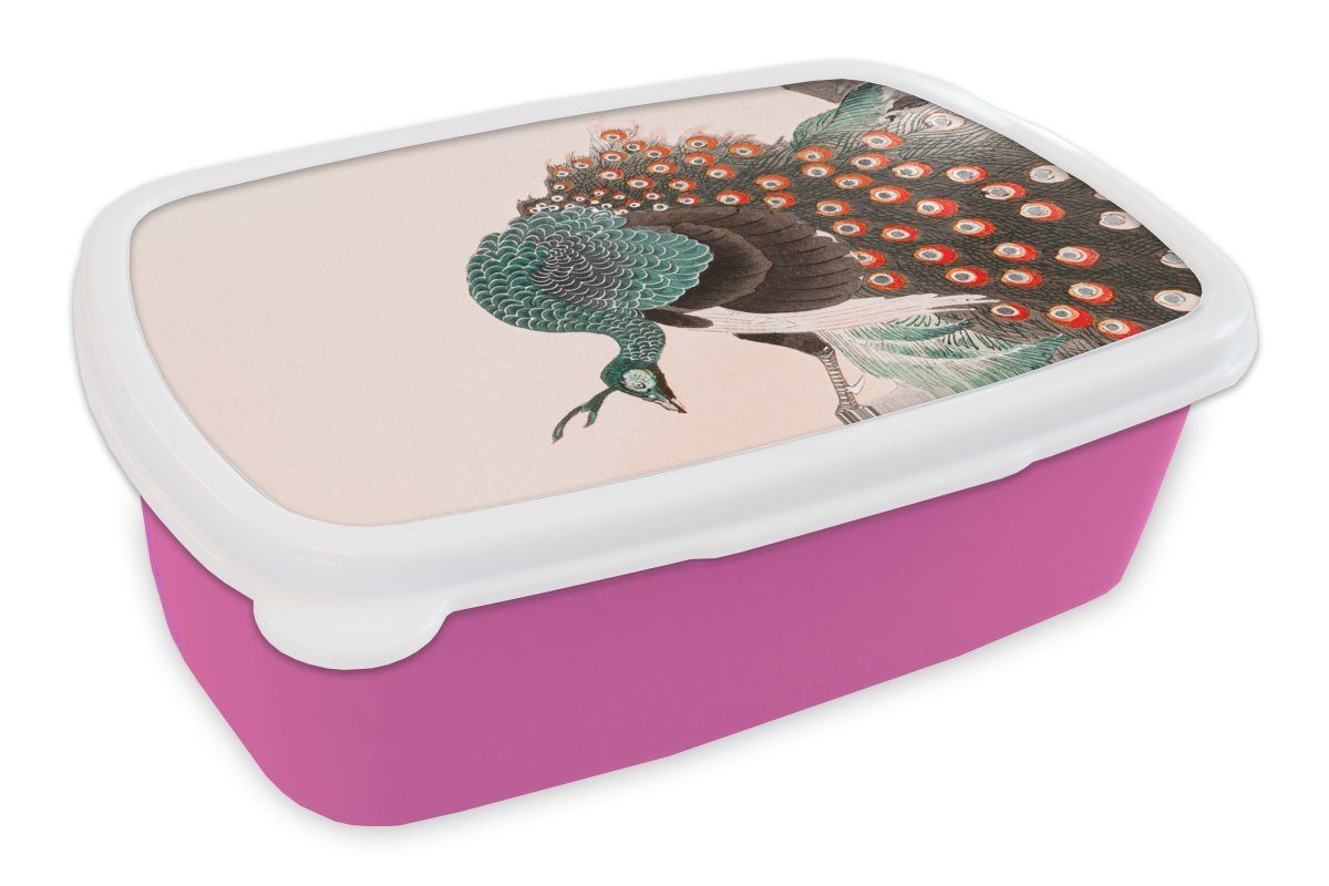 MuchoWow Lunchbox Pfau - Japanisch - Pfauenfedern - Vintage, Kunststoff, (2-tlg), Brotbox für Erwachsene, Brotdose Kinder, Snackbox, Mädchen, Kunststoff rosa | Lunchboxen