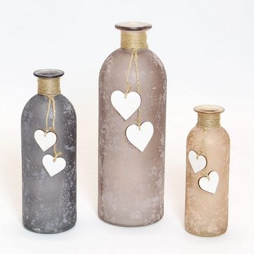 Dekoleidenschaft Tischvase "Flasche" aus satiniertem Glas, Blumenvase, Glasvase, Vasenset, (3 St., im Set), mit kleinen Holz-Herzen