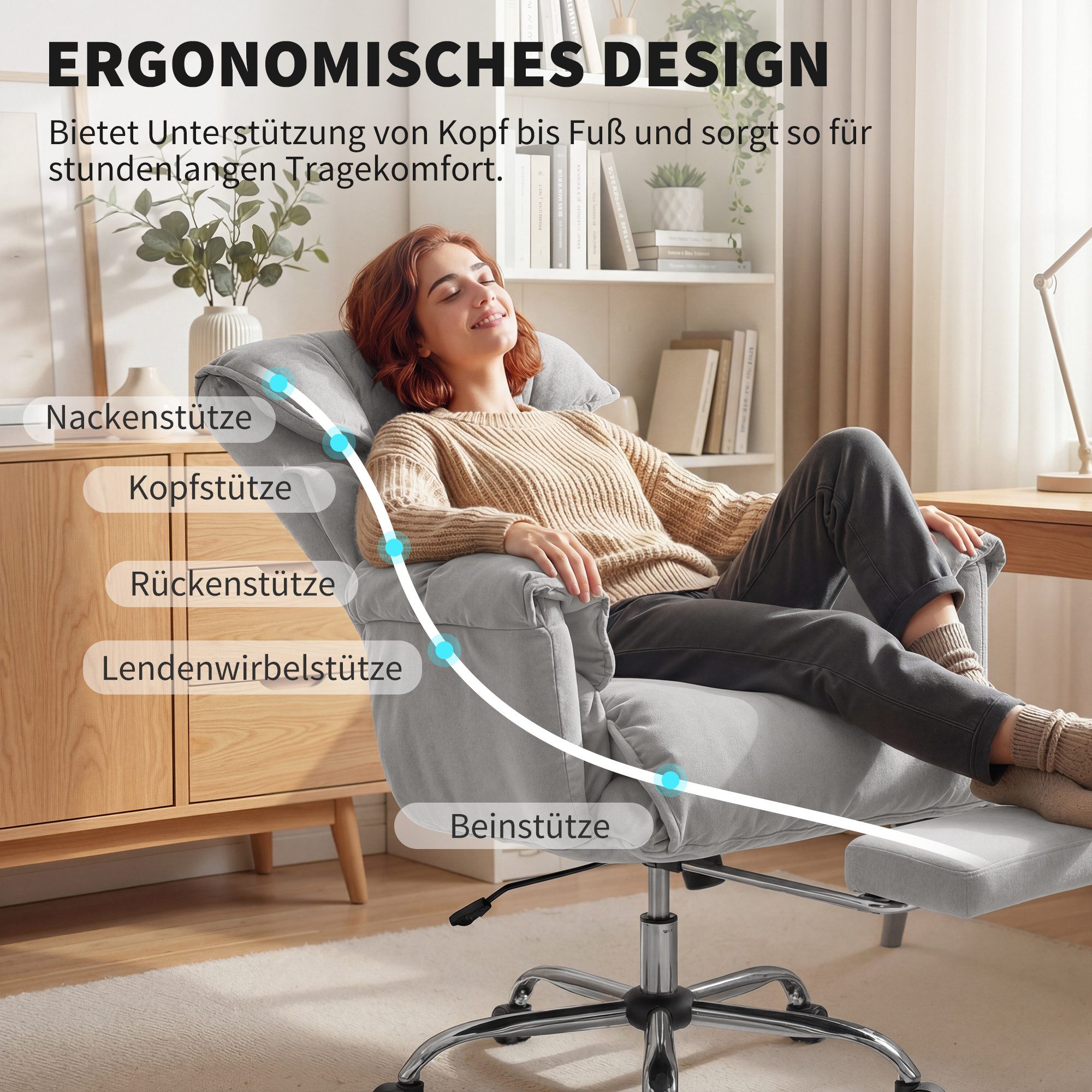 HOMCOM Schreibtischstuhl Drehstuhl mit Samtoptik, Gepolstert Computerstuhl (Neigbar Bürostuhl, 1 St), 75 x 77 x 110-118 cm Hellgrau – Bild 4 von 5