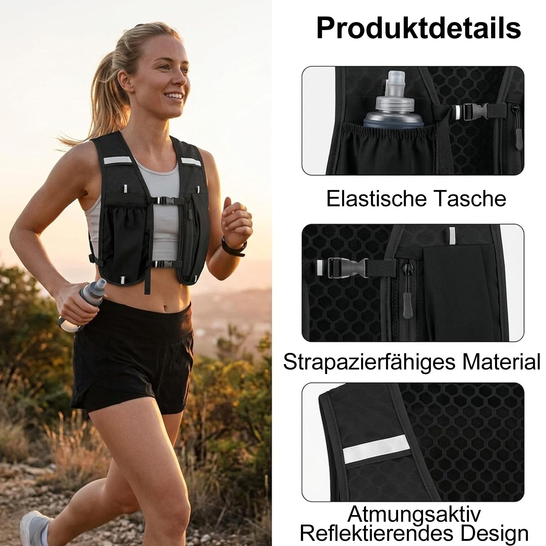 Mutig Trinkrucksack Laufweste Damen Herren, Trinkrucksack Laufrucksack für Trailrunning (Leicht Verstellbar Atmungsaktiv, Reflektierende Laufweste mit Handytasche), für Joggen, Radfahren, Marathon und Wandern