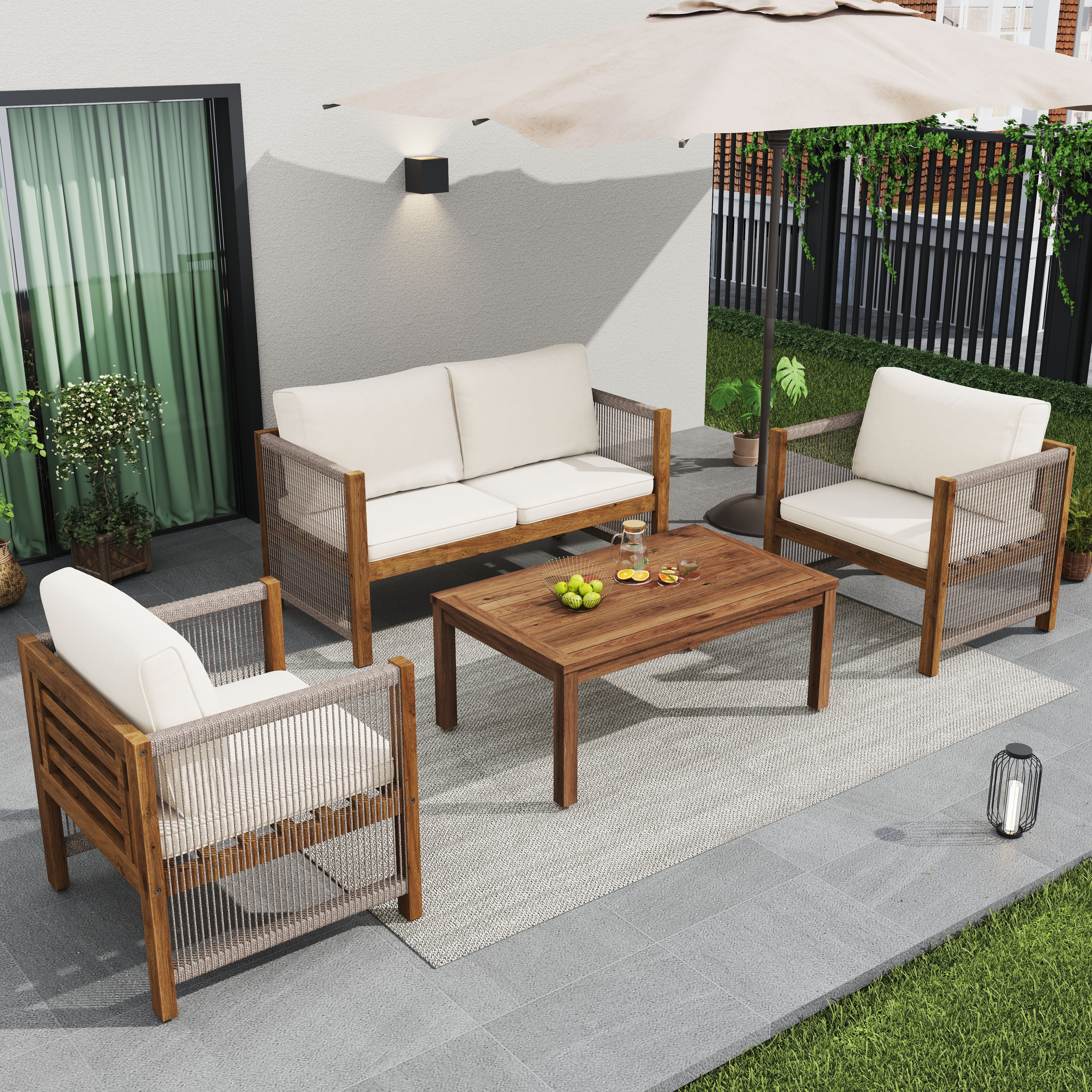 BlingBin Gartenlounge-Set Garten-Essgruppe, Gartenmöbel Set, Balkonset, Loungeset für 4 Personen, (Sitzgarnitur Terassenmöbel für Garten, Schwimmbad, Akazie, Beige, 4-tlg., Belastbarkeit: Couchtisch: 80 kg/Stück; Einzelstuhl 160 kg/Stück), Sitzgarnitur Terassenmöbel für Garten, Schwimmbad, Akazie, Beige