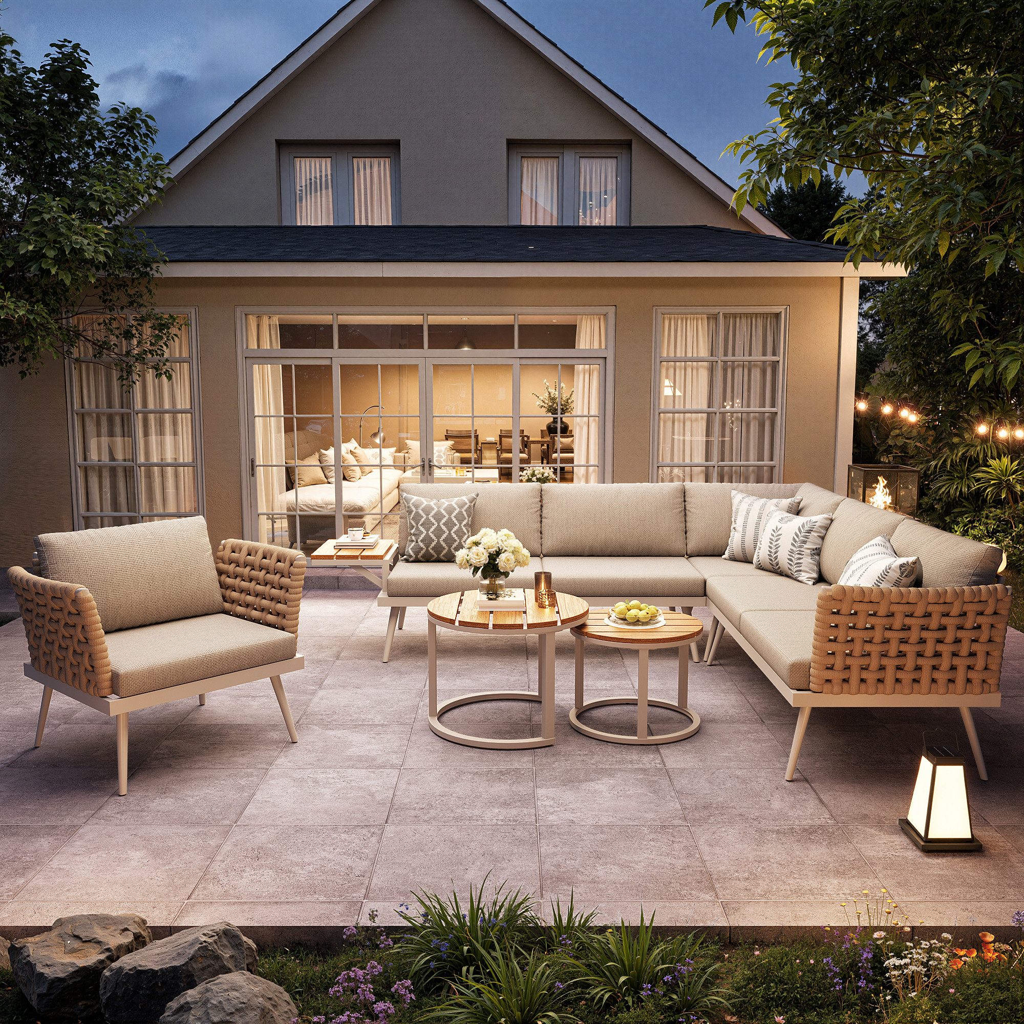 i@home Gartenlounge-Set, (4-tlg), Sechssitzer, mit handgeflochtenen Armlehnen, Wetterfeste, aus Eisen