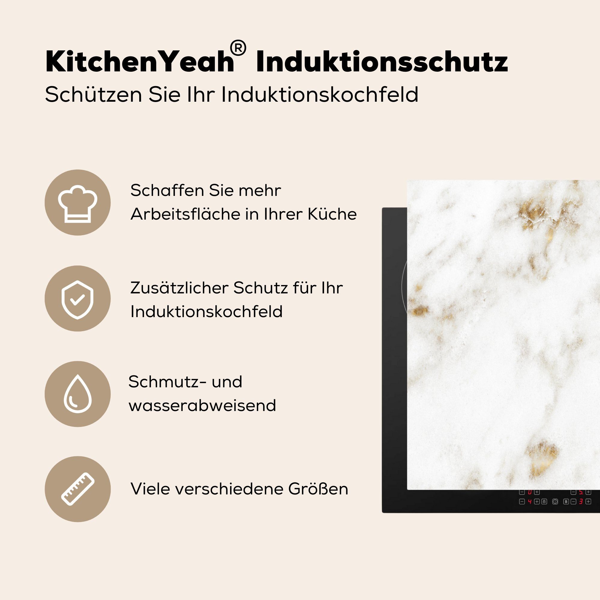 MuchoWow Herdblende-/Abdeckplatte Marmor (1 78x78 Weiß, für tlg), Arbeitsplatte cm, Ceranfeldabdeckung, - - Vinyl, küche Gold