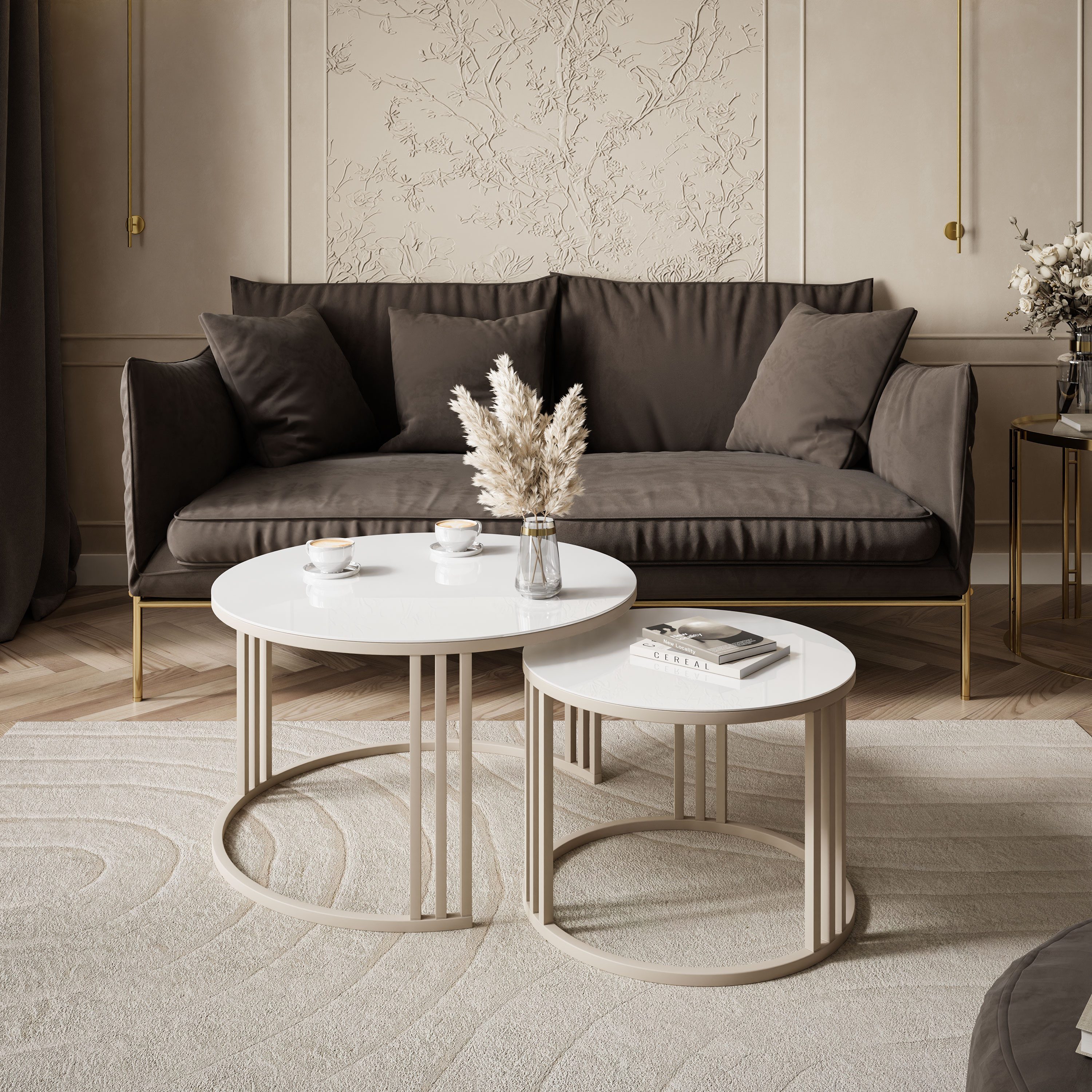 Lookway Couchtisch LORI 2in1 GLASS, runder Couchtisch mit kaschmirfarbenem Gestell (2er Set), Durchmesser: ⌀70 cm und ⌀50 cm
