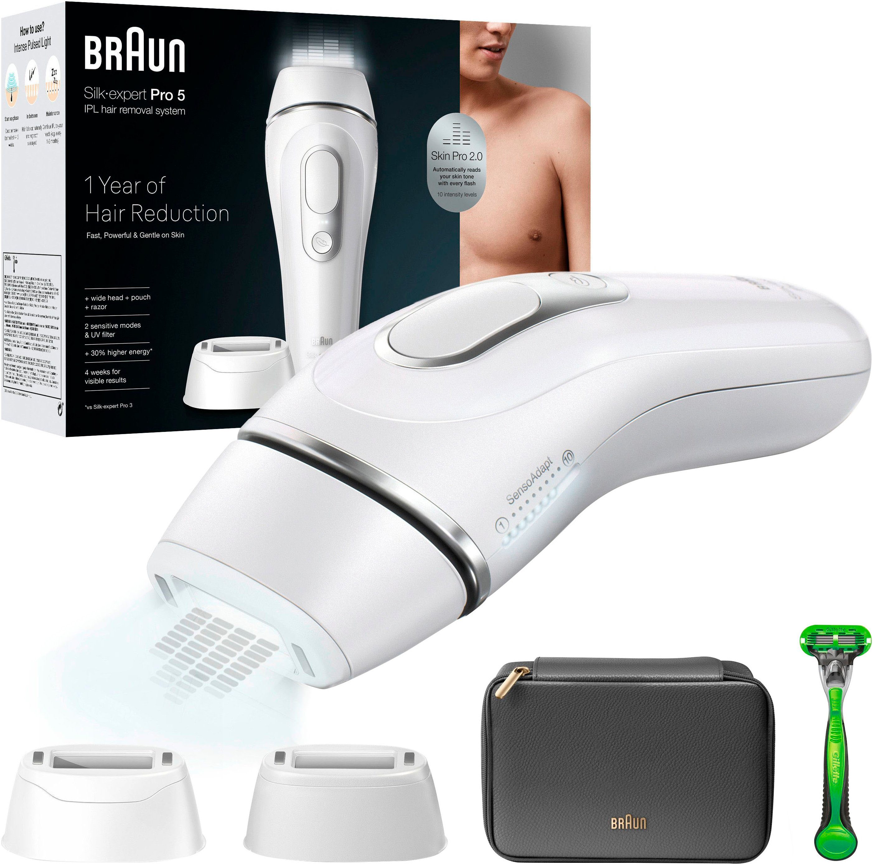 Braun IPL-Haarentferner Silk·expert Pro 5 PL5145, pro Minute bis zu 125 Lichtimpulse, für Männer, 2 Aufsätze & 1 Gillette Rasierer, Aufbewahrungstasche