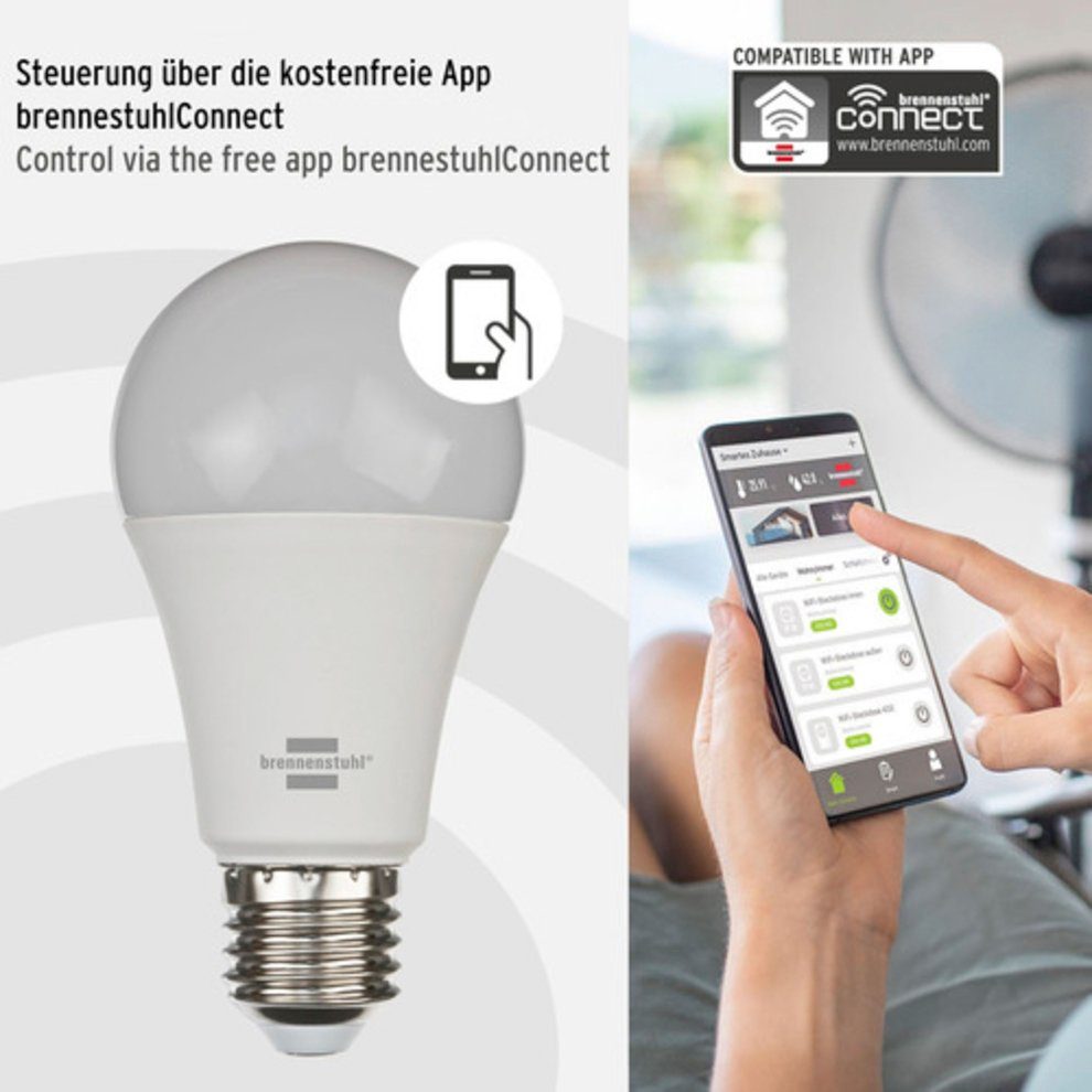 Brennenstuhl LED-Leuchtmittel WiFi E27, SB mit SmartHome-fähig, Farbwechsler, 810, Timer Connect