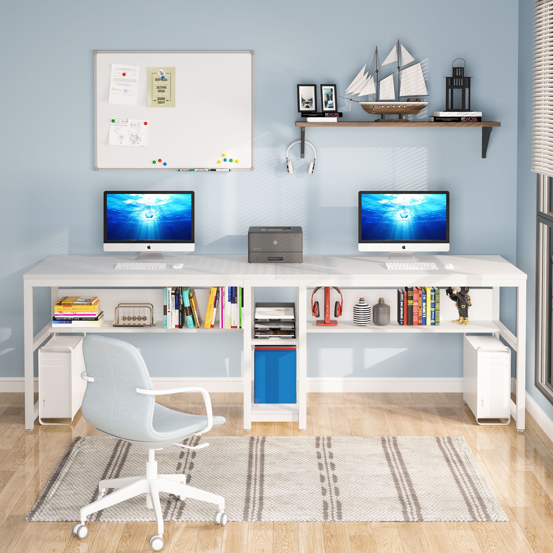 Tribesigns Doppelschreibtisch Schreibtisch, Computertisch mit Regalen, 200 cm Bürotisch