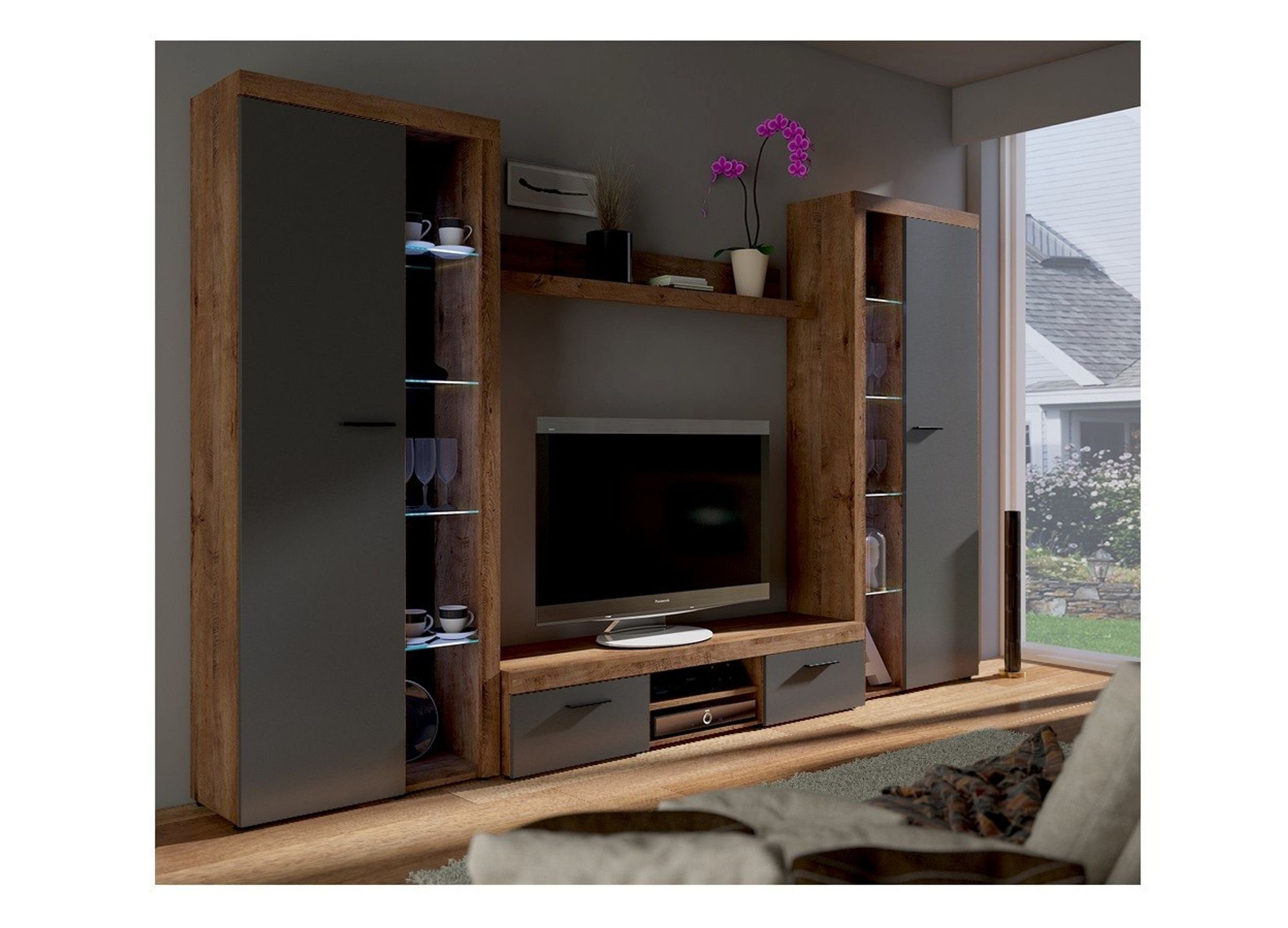 Küchen-Preisbombe Wohnwand Rumba XL Schrankwand Anbauwand Wohnzimmer Grau + Eiche Lefkas matt, (4-St)