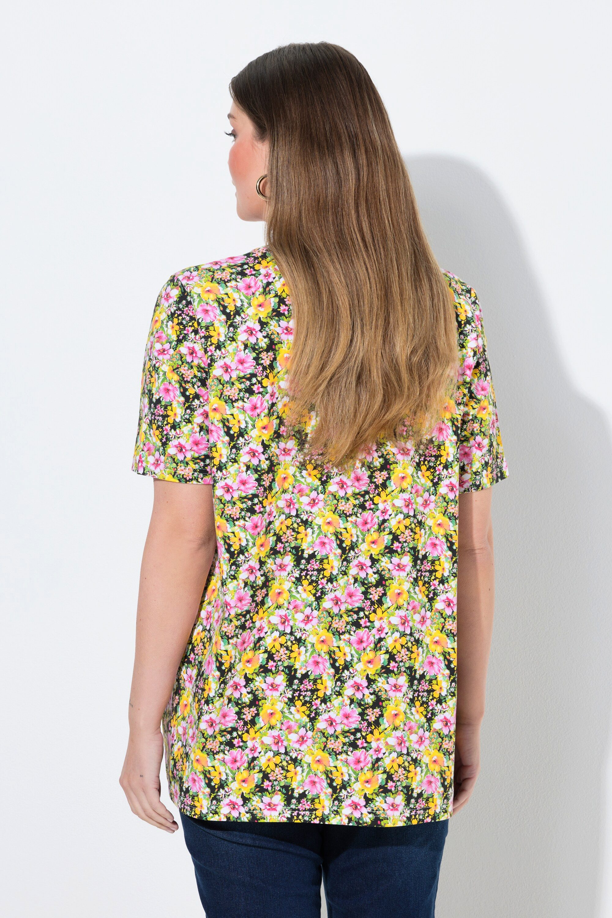 Ulla Popken T-Shirt T-Shirt A-Linie Zierfalten V-Ausschnitt Halbarm