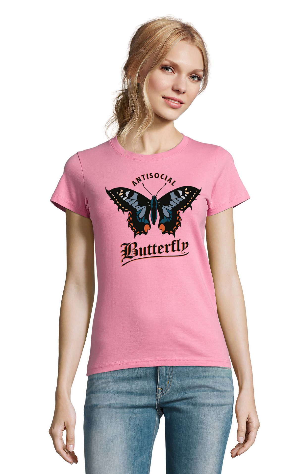 T-Shirt Süßes Schmetterling Butterfly Natur Antisocial Damen Shirt Motiv