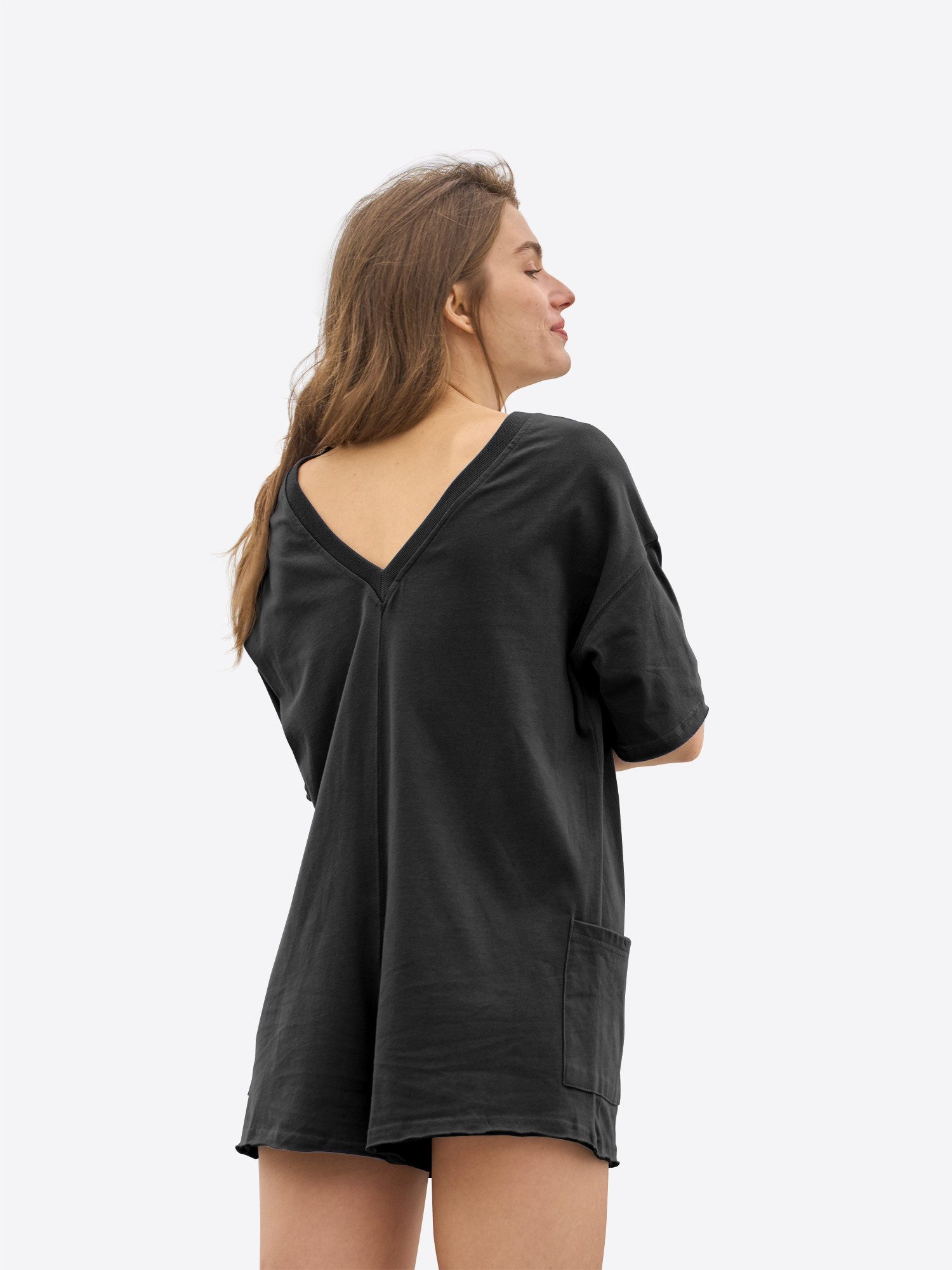 Imily Bela Jumpsuit Damen Hausanzug Rundhals Halbarm Eingrifftaschen Loose Loungewear (Packung, 1-tlg., 1per-Pack) aus Baumwolle mit Rücken-V-Ausschnitt in Unifarbe