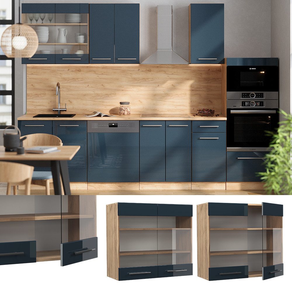 Vicco Glashängeschrank Fame-Line, Dunkelblau Hochglanz/Goldkraft Eiche, günstig online kaufen