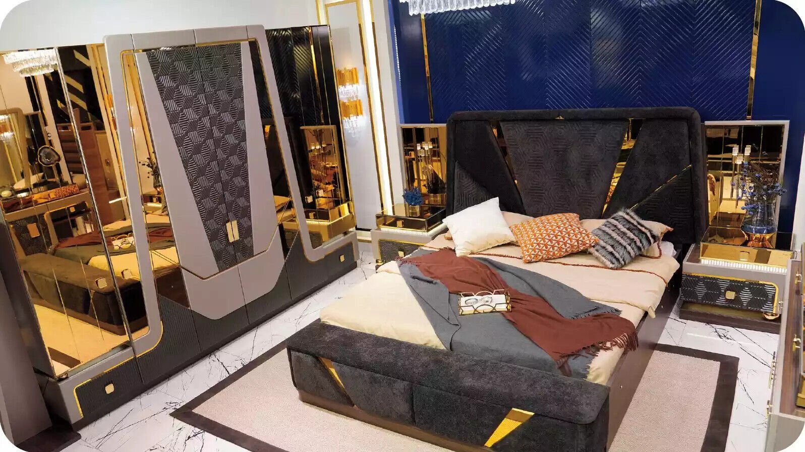 JVmoebel Schlafzimmer-Set Doppelbett Modern Schlafzimmer Garnitur Luxus Blau Bett Set Gold, (4-St., Bett/2x Nachttische/Kleiderschrank), Made in Europa