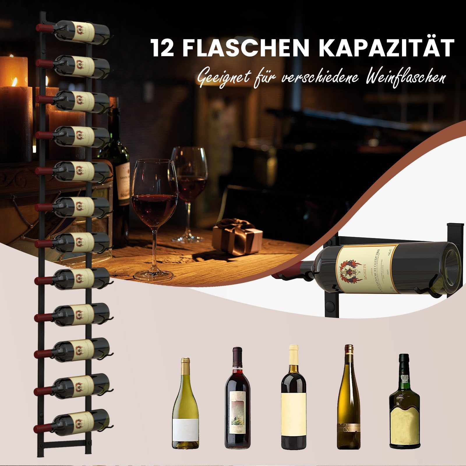 COSTWAY Weinregal, Wand, Metall, für 12 Flaschen, Industrial, 13,5x22x145cm