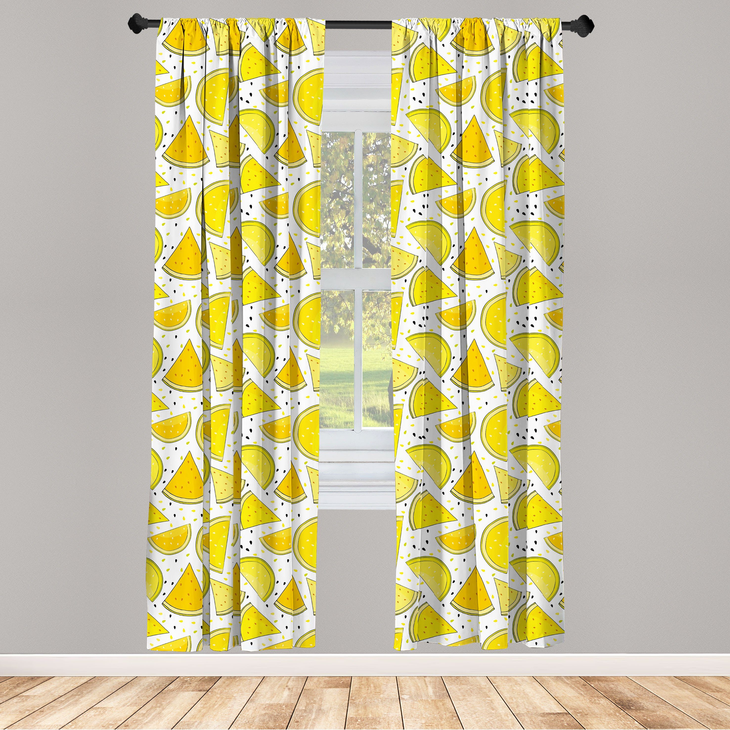 Gardine Vorhang für Wohnzimmer Schlafzimmer Farbpalette Melone Dekor, Scheiben Gelbe Microfaser, Abakuhaus