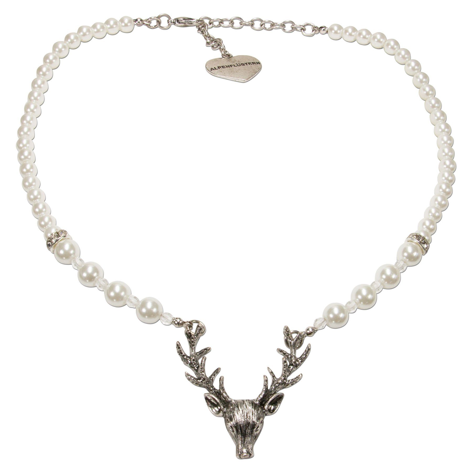 Alpenflüstern Ketten-Set Trachtenschmuck-Set Trachtenohrhänger Strassherz und Perlen-Trachtenkette Hirsch (creme-weiß), - Damen-Trachten-Schmuck, Trachtenset Di – Bild 3 von 4