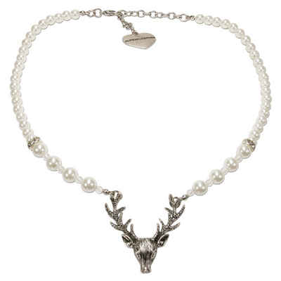 Alpenflüstern Collier Perlen-Trachtenkette Hirsch (creme-weiß), - Damen-Trachtenschmuck mit Hirsch-Geweih, elegante Dirndlkette