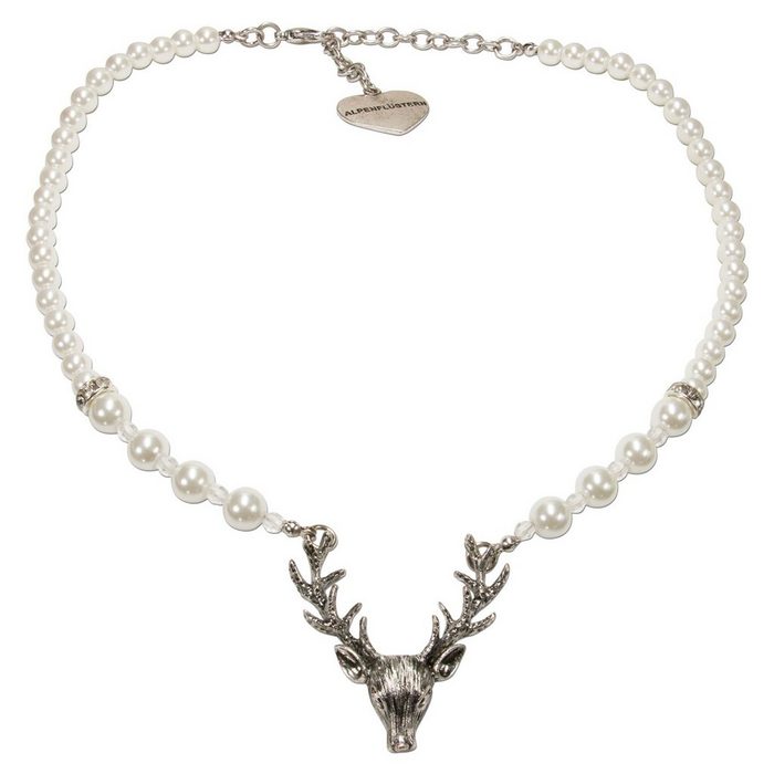 Alpenflüstern Collier Perlen-Trachtenkette Hirsch (creme-weiß) - Damen-Trachtenschmuck mit Hirsch-Geweih elegante Dirndlkette