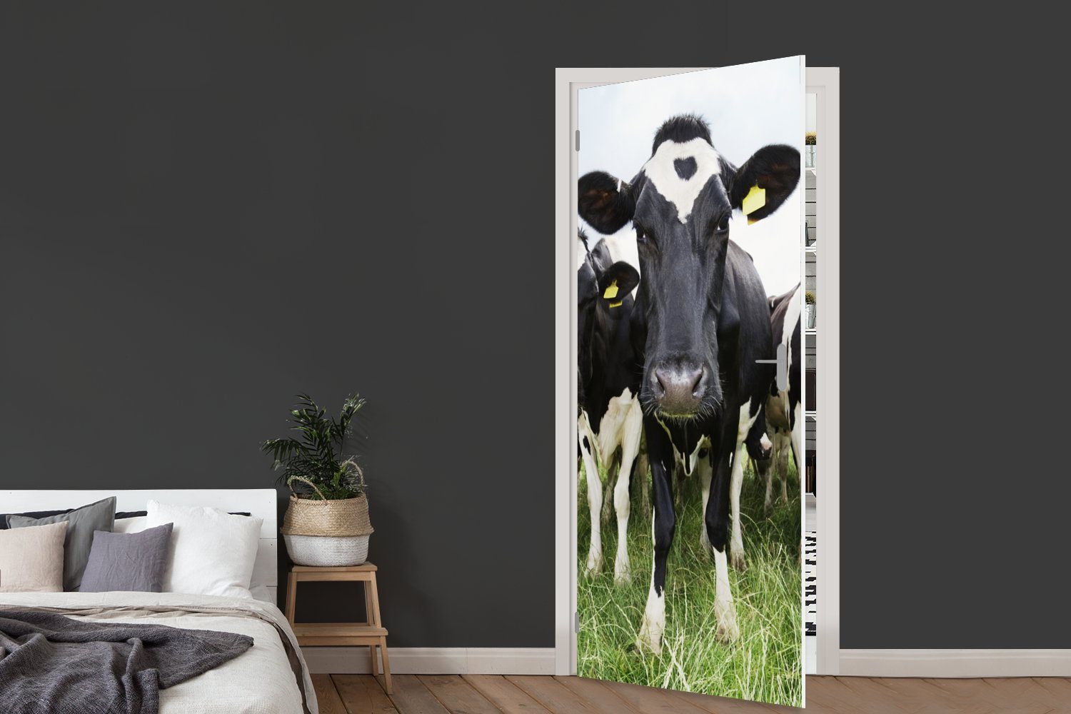 MuchoWow Türtapete Kühe - Gras 75x205 Tür, bedruckt, Matt, Tiere - Fototapete für Wiese - - Frühling (1 Bauernhof, cm Türaufkleber, St), 
