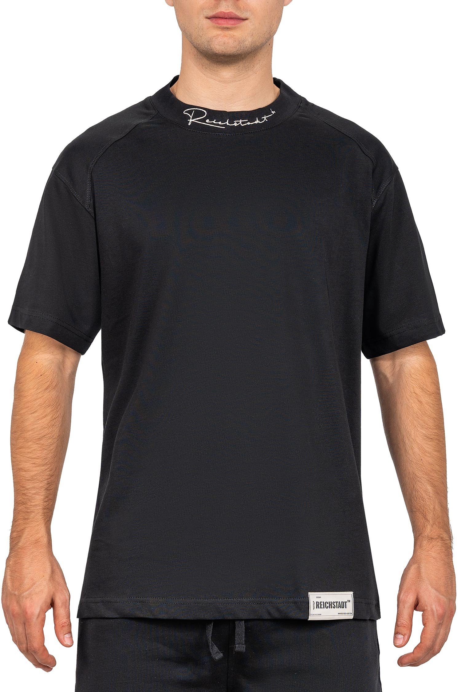 Schwarz Reichstadt 23RS041 Kragen Kurzarm (1-tlg) mit T-shirt Oversize-Shirt am Casual Stitching