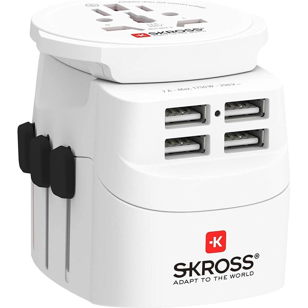 SKROSS Universal-Reisestecker Pro Light USB World 4xA Reiseadapter, weiß Weltreiseadapter Länderstecker