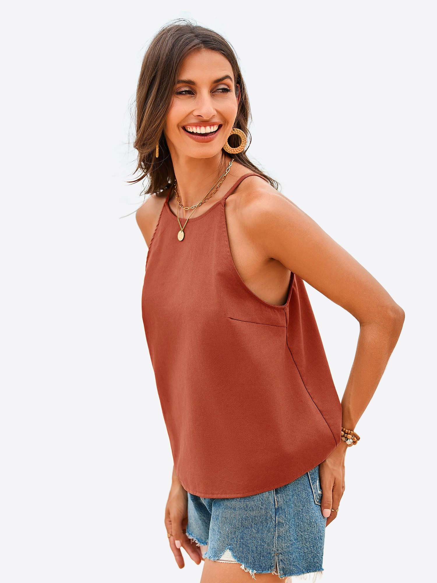 Imily Bela Trägertop Damen Lockeres Tanktop mit Rückenschlitz & Knöpfen (Packung, 1-tlg., 1per-Pack) Hoher Rundhals