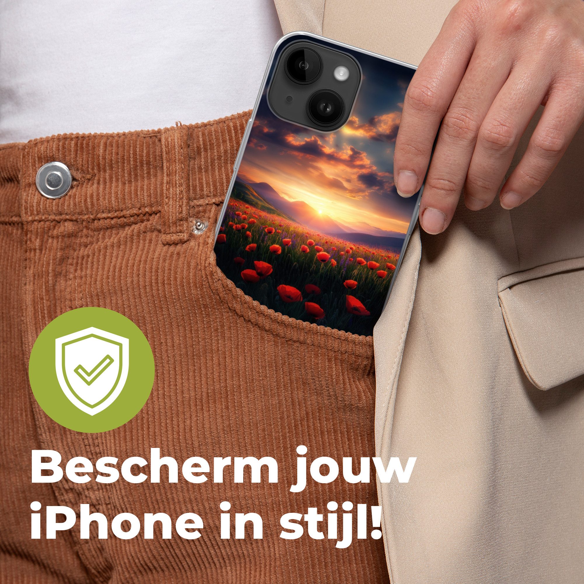 MuchoWow Handyhülle für Apple iPhone 14 Landschaft - Sonnenuntergang - Blumenfeld, Smartphone-Bumper, Print, Handy Schutzhülle Dünn