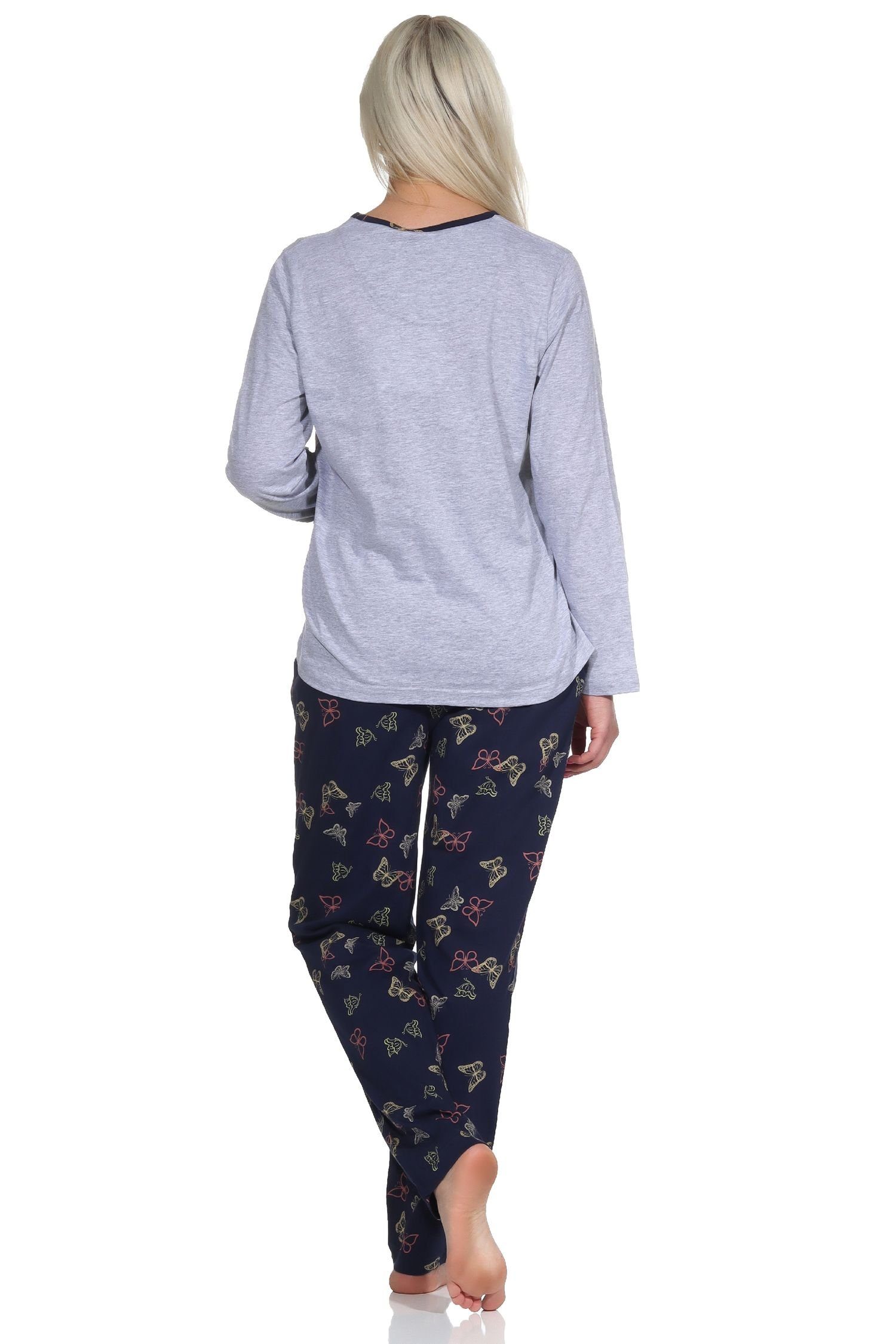 grau-melange Schmetterling als langarm Damen Motiv Pyjama Normann Schlafanzug mit