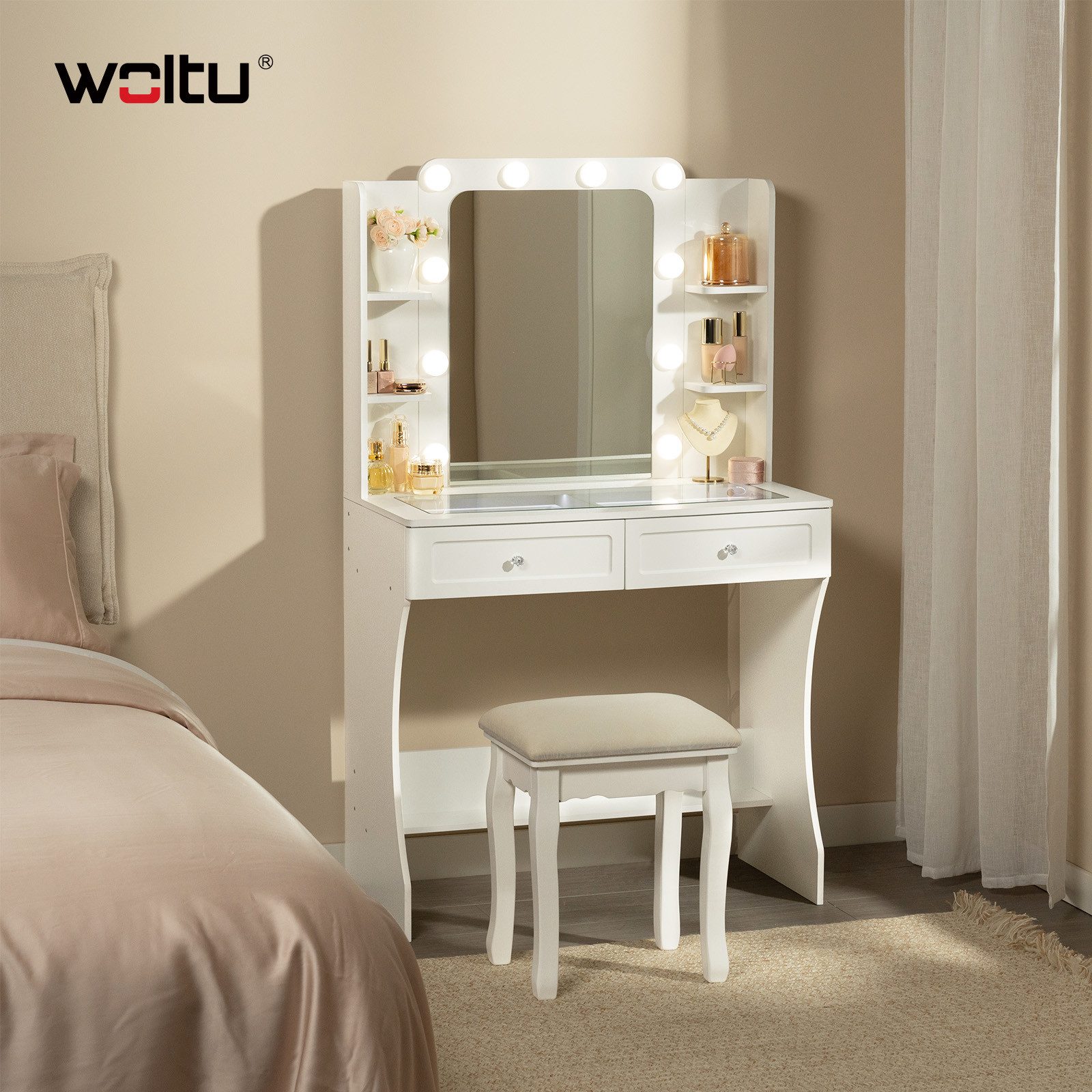 Woltu Schminktisch, mit LED-Beleuchtung Hollywood und Spiegel, mit Ablagefä günstig online kaufen