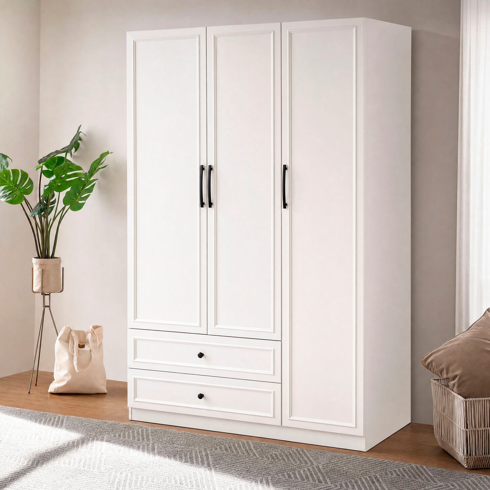 OTTO home Kleiderschrank Arrian 120 cm Weiß, 3-türiger Drehtürenschrank im Landhausstil (mit 2 Schubladen & Organizern, FSC Zertifiziert) Zeitloses Landhausdesign trifft auf durchdachte Stauraumlösungen