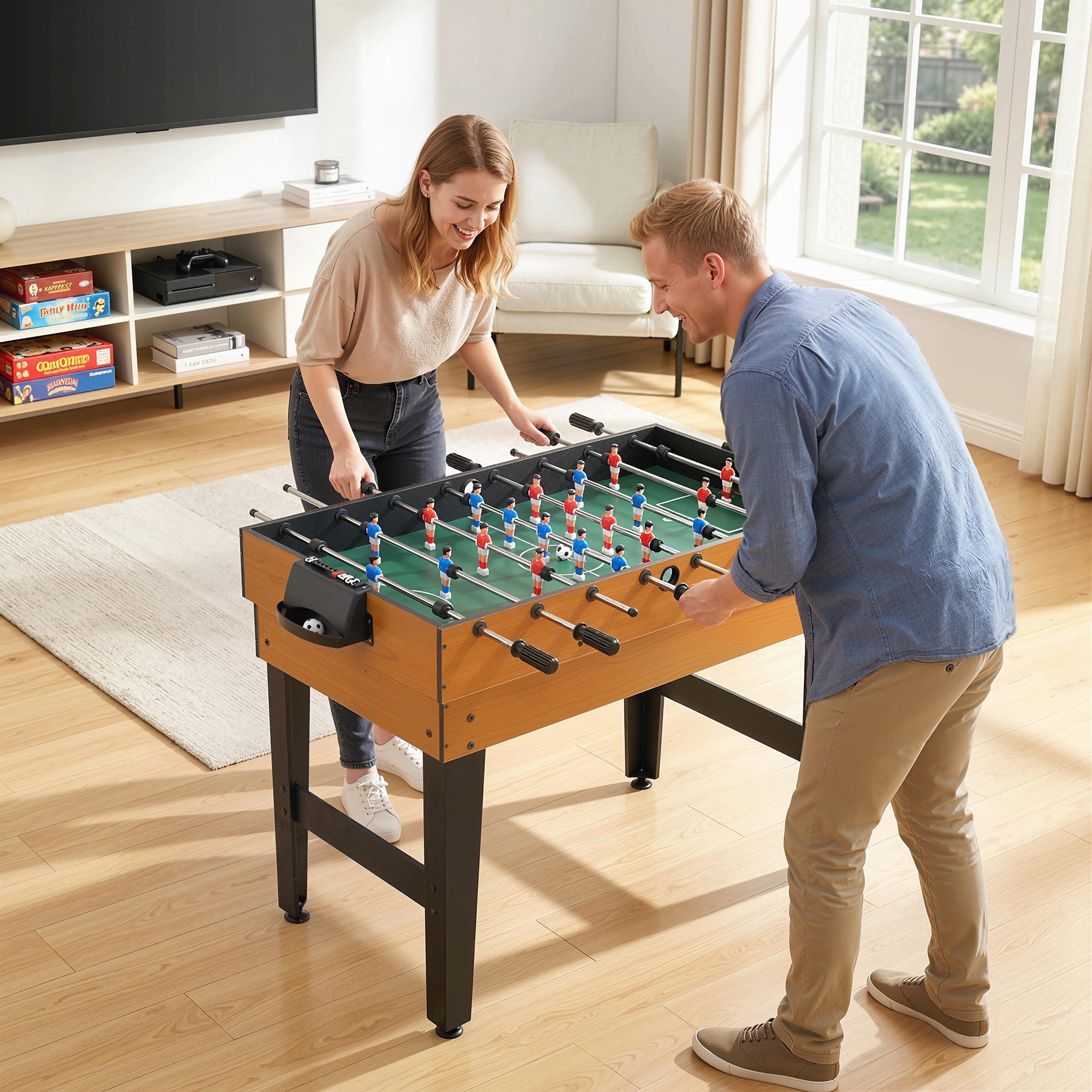 HOMCOM Spieltisch Tischtennis Billardtisch Tischfußball mit Zubehör für Erwachsene, (Partyspieltisch, 4-tlg), für Multiplayer-Spaß, Stahl, Naturholz+Schwarz