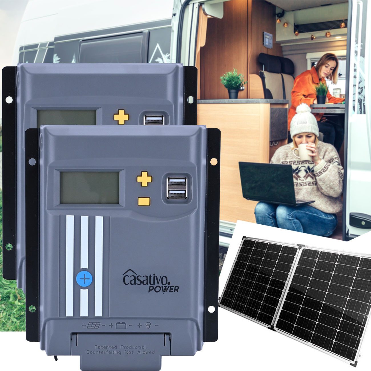 Casativo Solarladeregler MPPT Solarladeregler 20A für 12V/24V mit LCD-Display & 2 USB-Ports, 2-St., 1er-Set & 2er-Set, Effizientes MPPT-Tracking/Überspannungsschutz/für Solarpanel