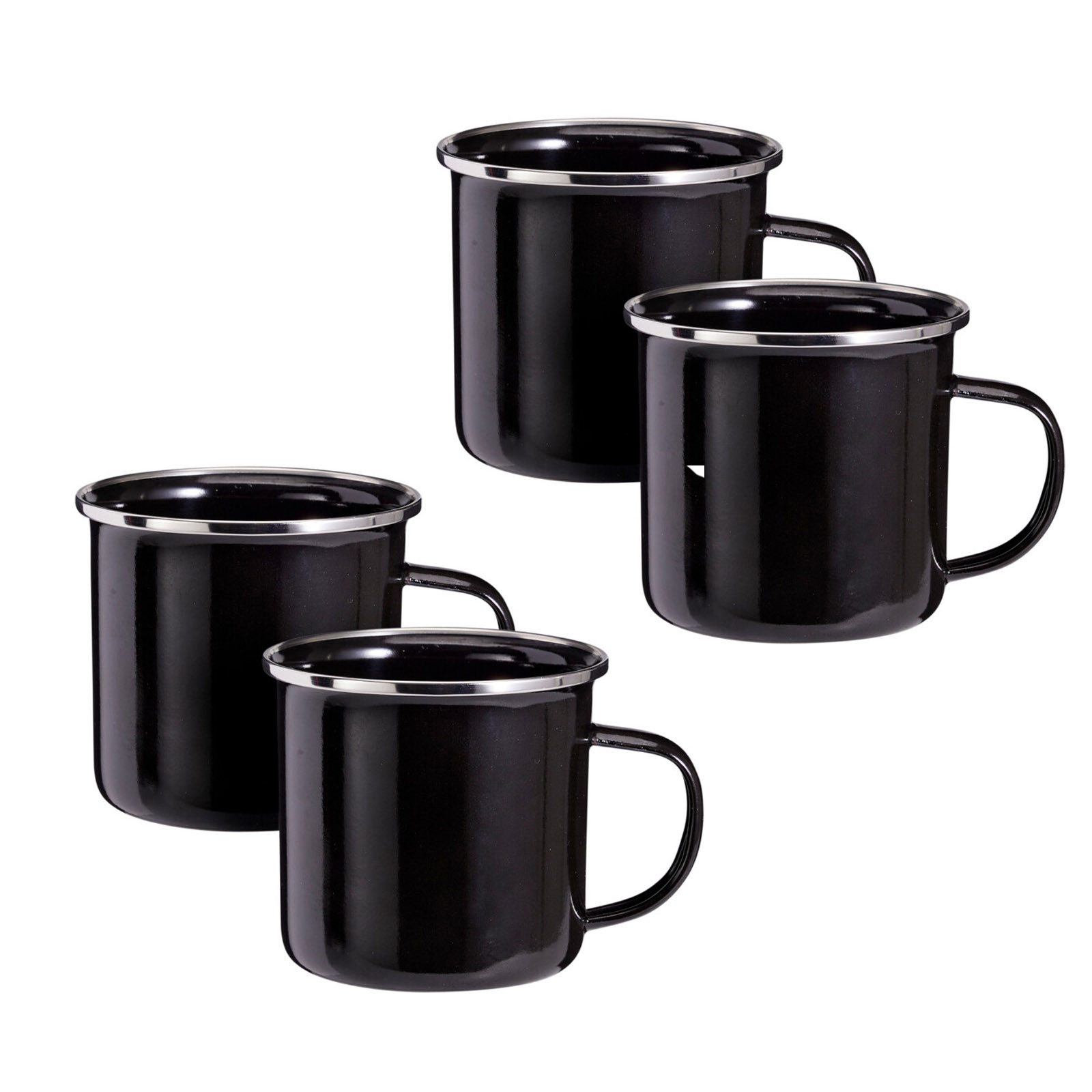 HAC24 Tasse Emaille Becher Camping Kaffee Tee Kaffeebecher Kaffeetasse, 4-tlg., Eisen, 350 ml Schwarz mit Griff
