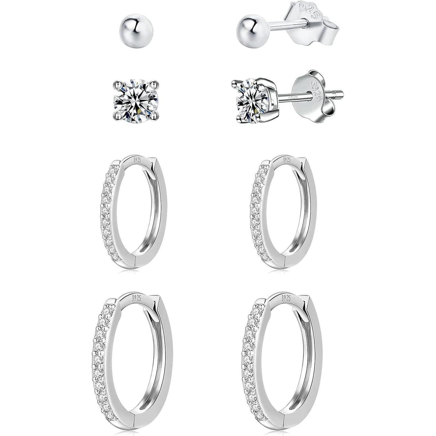 Ohrring-Set 4 Paar Ohrstecker Silber 925 Set Damen Creolen 4/5/10/12mm Zirkonia