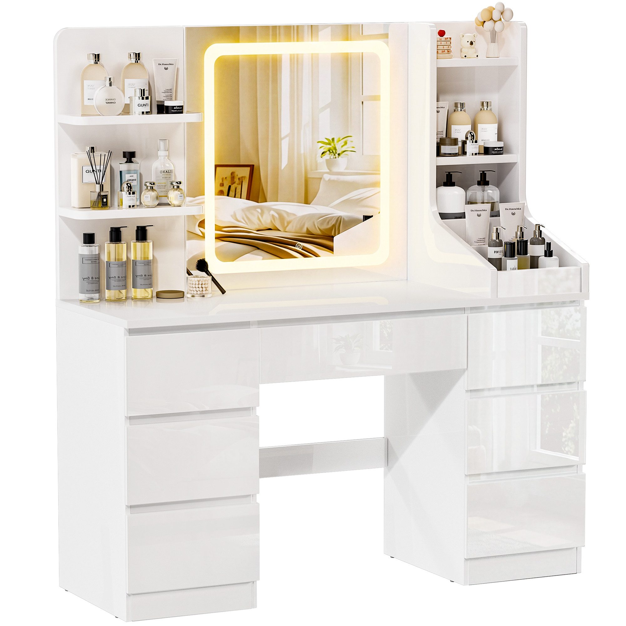 HOMALL Schminktisch LED-Spiegel, 7 Schubladen, 110 cm breit, Aufbewahrungshocker optional (Schminktisch mit dimmbarem LED-Spiegel (3 Farben), 7 Schubladen + 8 Fächer, 110×40×139 cm – 5 Farben (Schwarz/Rosa/Vintage/Weiß/Weiß Hochglanz), Hocker opt., E1-Platte), 110*40*139CM B/H/T
