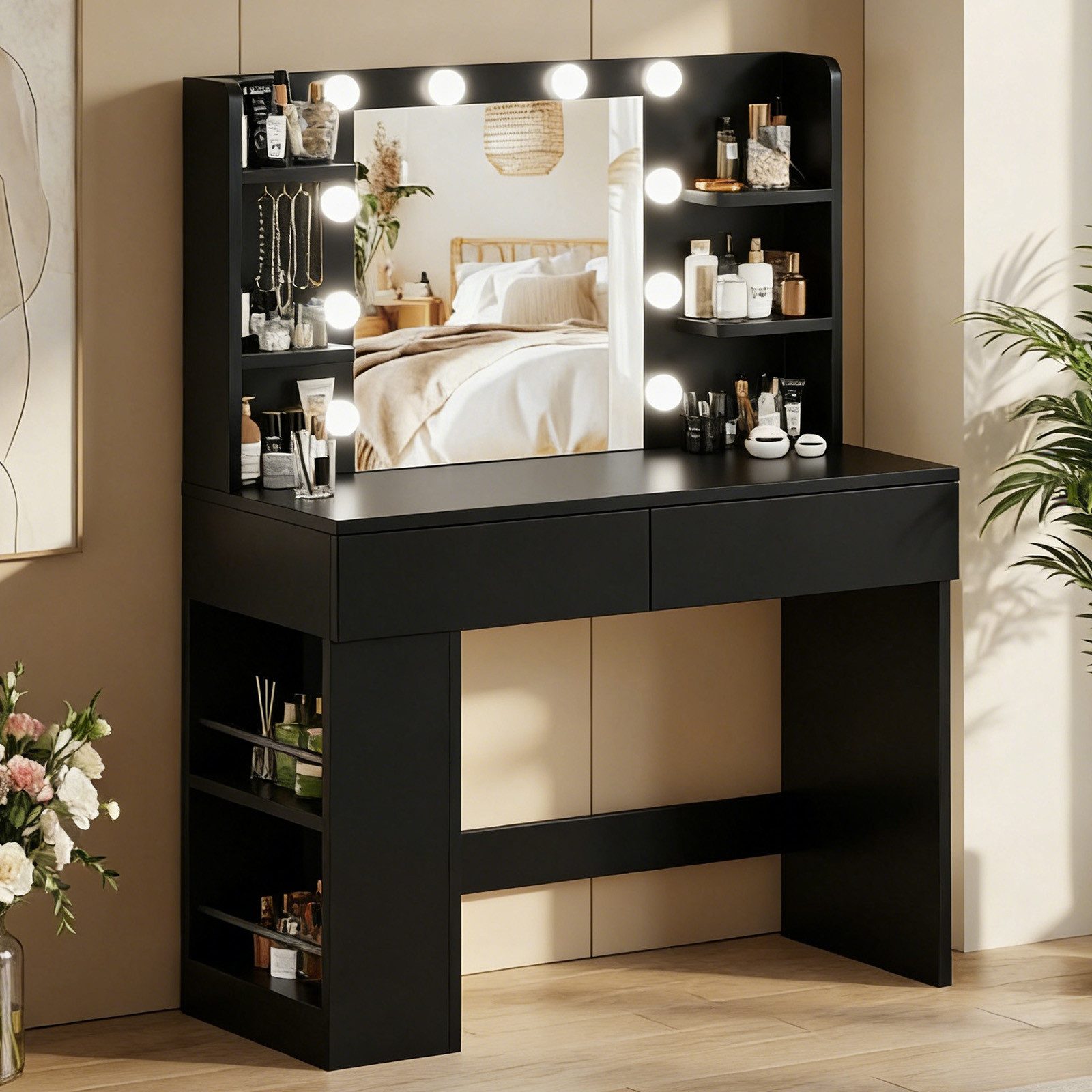 Furnicopia Schminktisch 90/110 cm, LED-Beleuchtung mit einstellbarer Helligkeit, Stauraum (Mit 8 Ablagefachern, 2 Schubladen (beidseitig austauschbar)und optionalem Hocker.Erhältlich in Weiß und Schwarz)