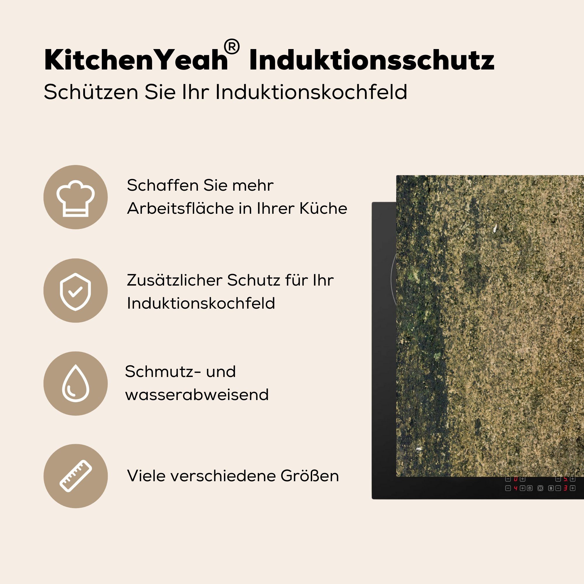 MuchoWow Herdblende-/Abdeckplatte Beton - cm, Induktionsschutz 83x51 Ceranfeldabdeckung, für küche Vinyl, - Vintage - Induktionskochfeld, - tlg), Arbeitsplatte Rost (1