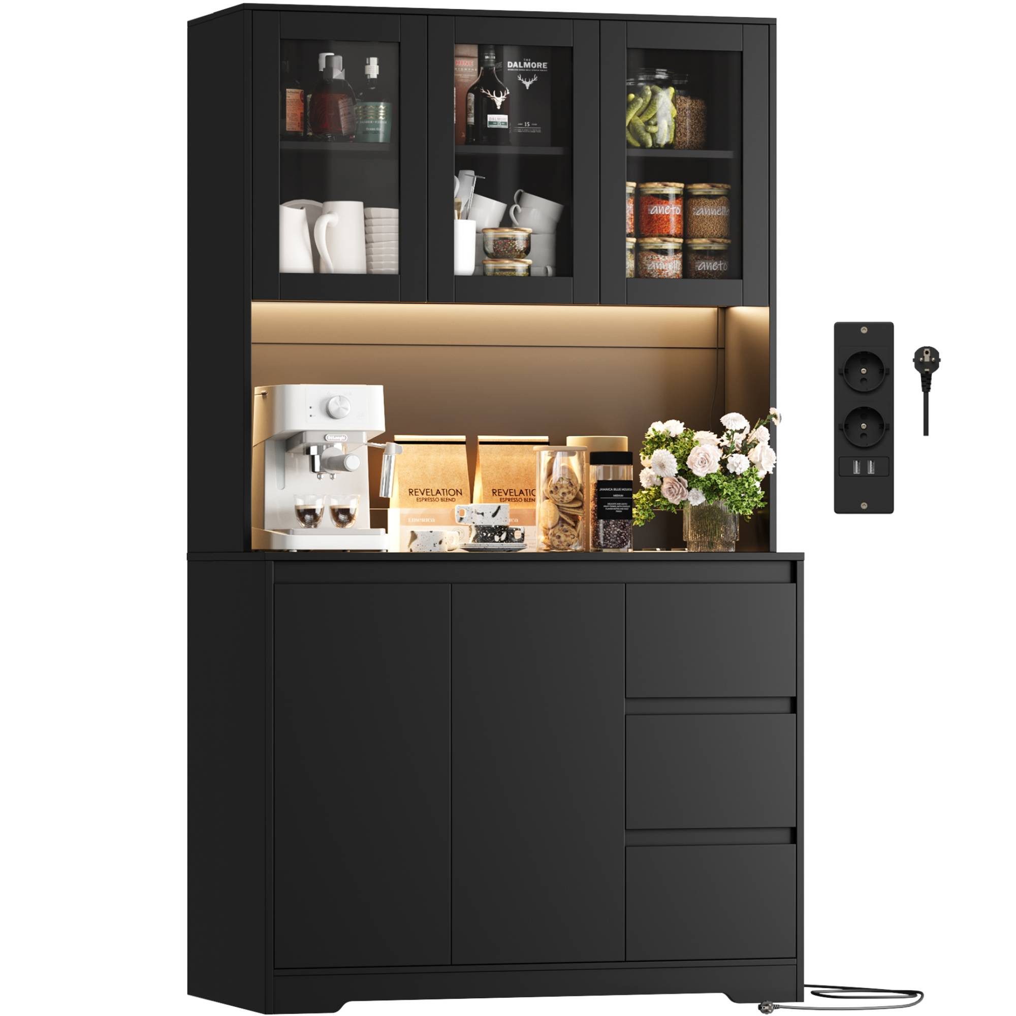 Homfa Küchenbuffet Küchenschrank Buffetschrank mit LED Sideboard schwarz mit Steckdosenleiste & Arbeitsplatte 180x100x38,5cm