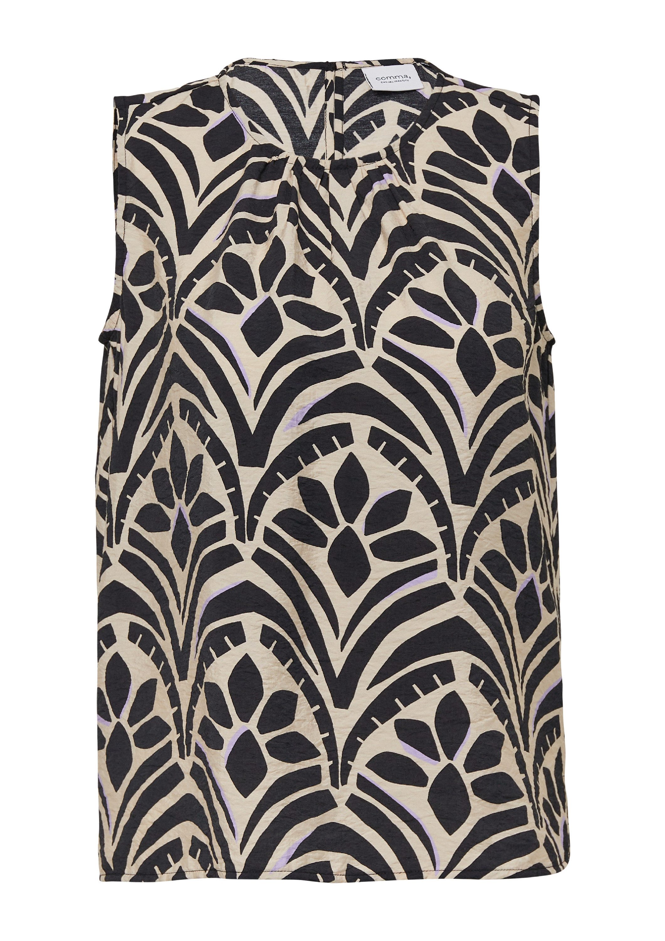 comma Blusentop Bluse Ärmellose Bluse mit Raffung und All-over-Print
