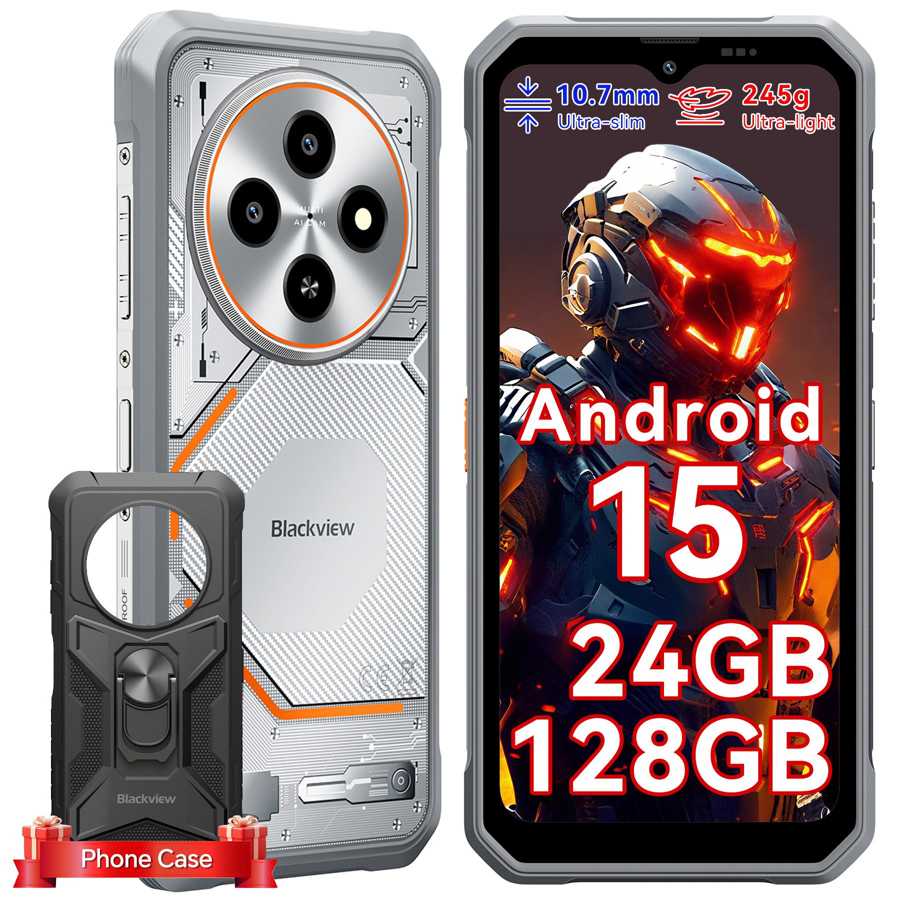 blackview FORT 2 Ultradünnes Robustphone: Nur 10.7mm, AI-Dreifachkamera Outdoor Smartphone (6.56 Zoll, 128 GB Speicherplatz, DokeOS 5.0, Android 15, 24GB, 16MP, 5W OTG)