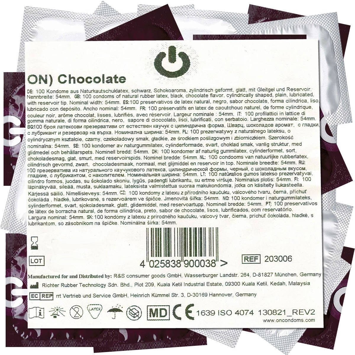 ON Condoms Kondome Chocolate Beutel mit, 100 St., schwarze Kondome mit Schokoaroma, Maxipack