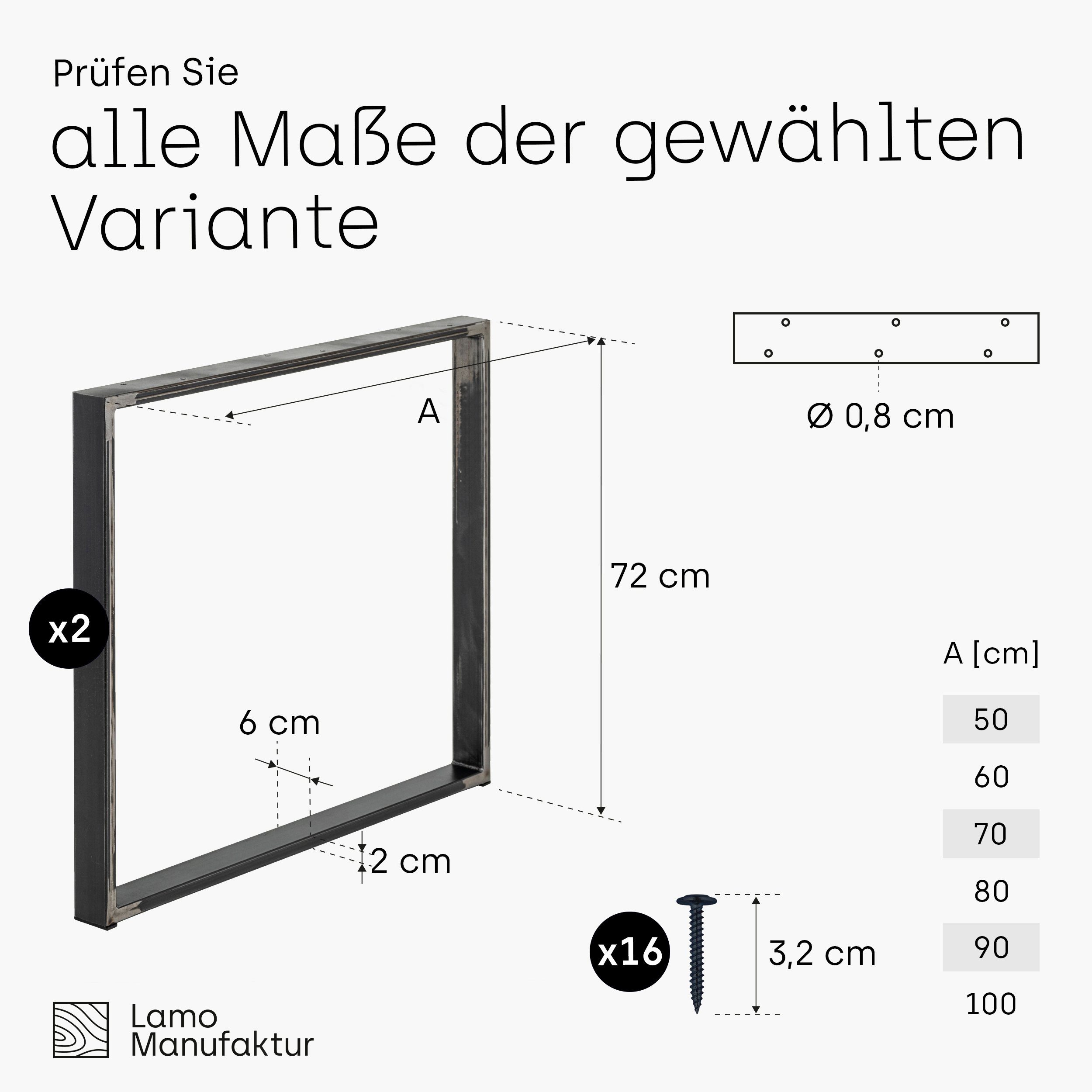 Rohstahl Tischgestell Simple 2er-Set Tischkufen), Industriestahl pulverbeschichtet (SET, LAMO Tischbeine mit Manufaktur Light Klarlack