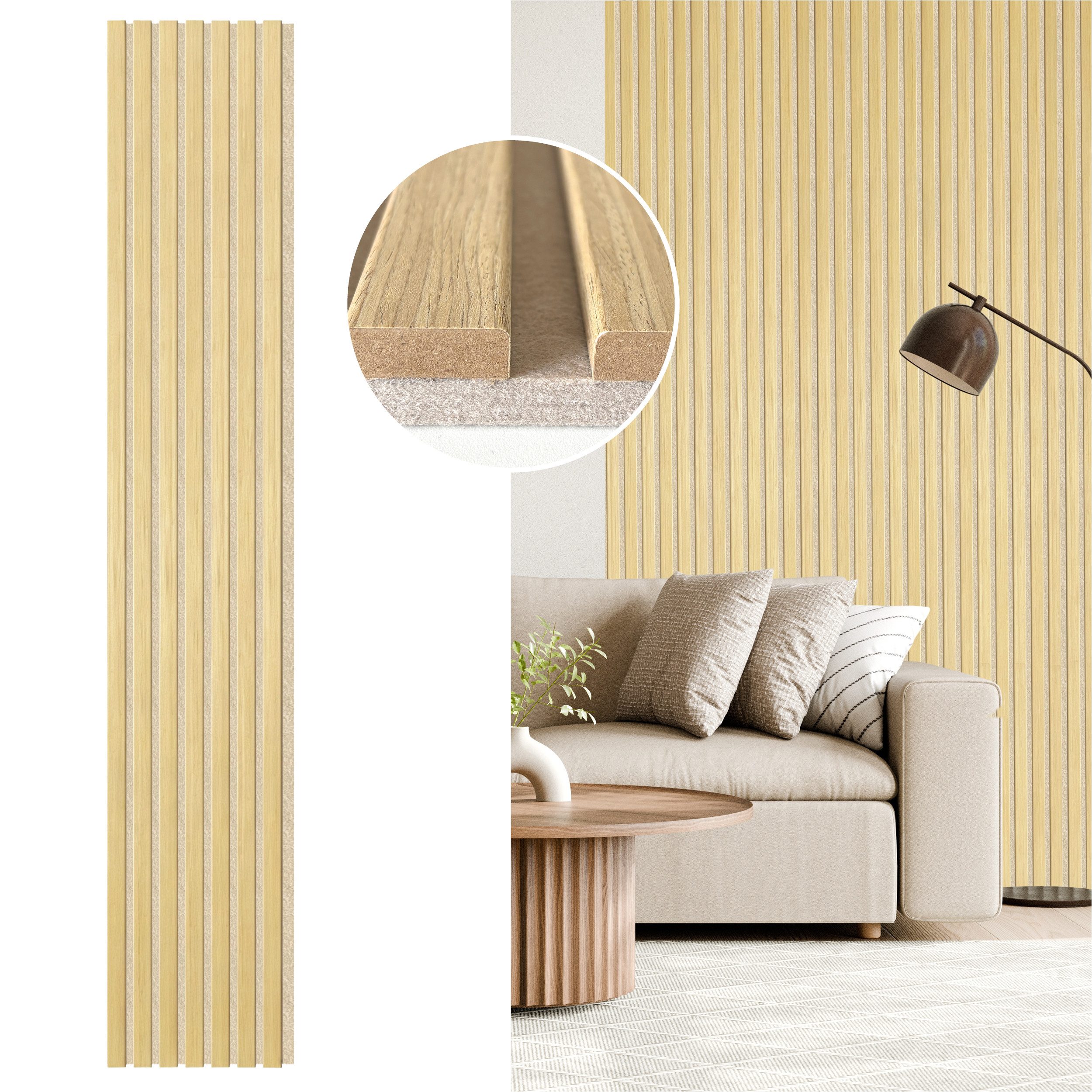 SONIDO Wandpaneel XL Akustikpaneele mit Premium Furnier an drei Seiten, BxL: 28x244 cm, 0,68 qm, (Packung, 1-tlg., 0,683 m², Versandkostenfreie Lieferung) Dreifach ummantelt mit Holzfurnier, Beiger Akustikfilz
